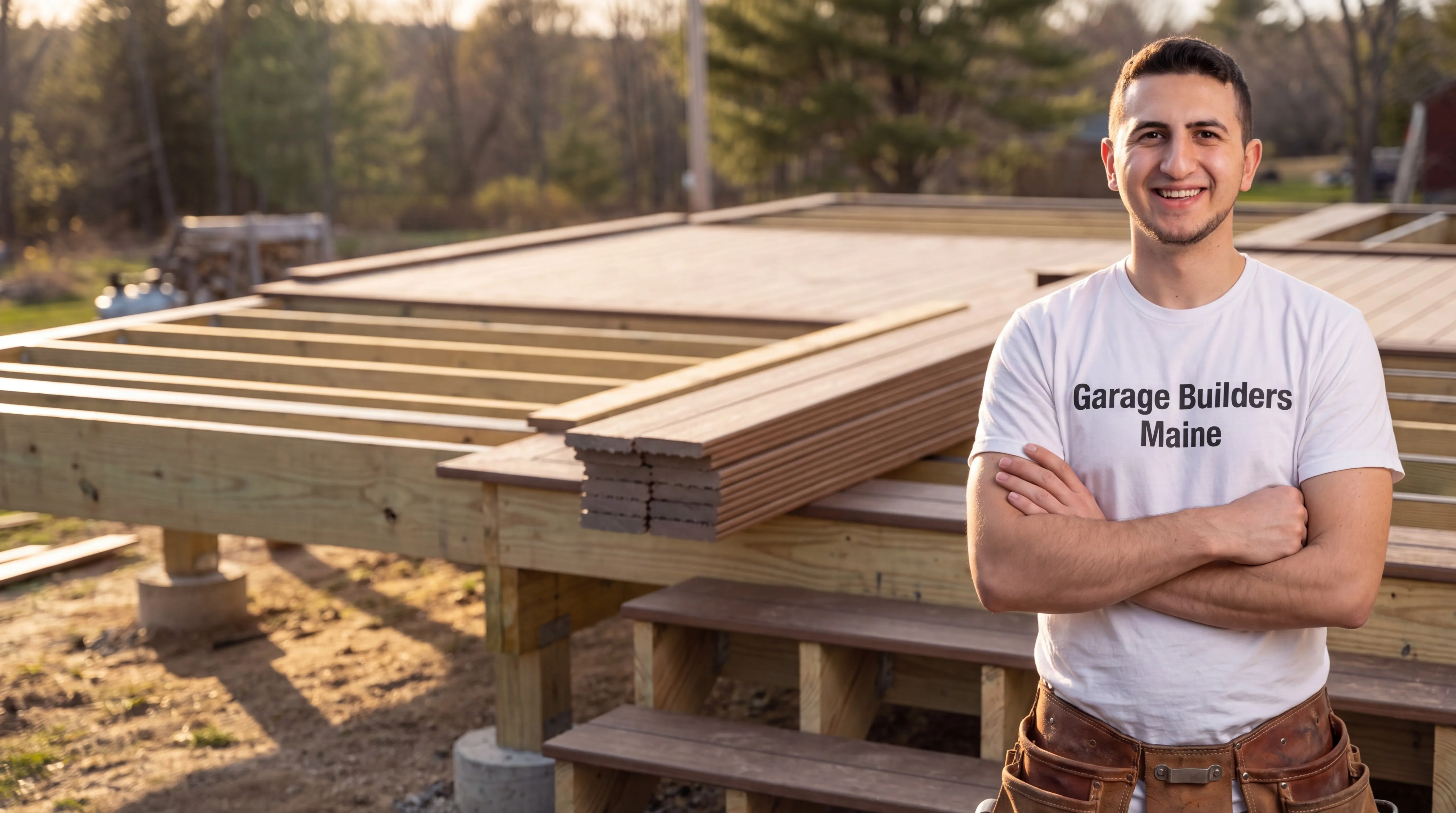 Owner of Garage Builders Maine standing with his arms crossed and smiling at a Maine job site