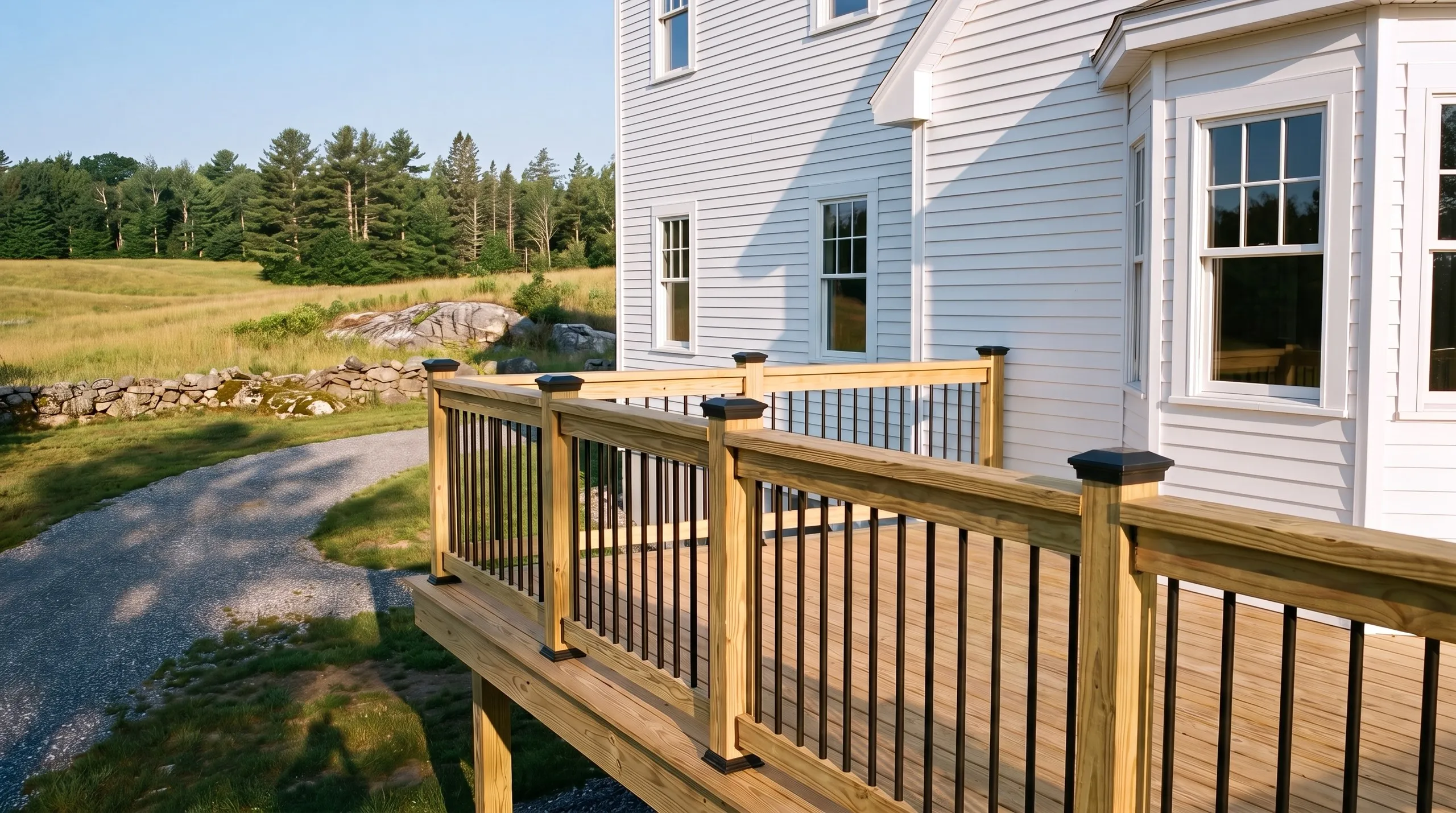 Deck builder Whitefield Maine: pressure-treated deck railing with black balusters wrapping a raised deck beside a white house