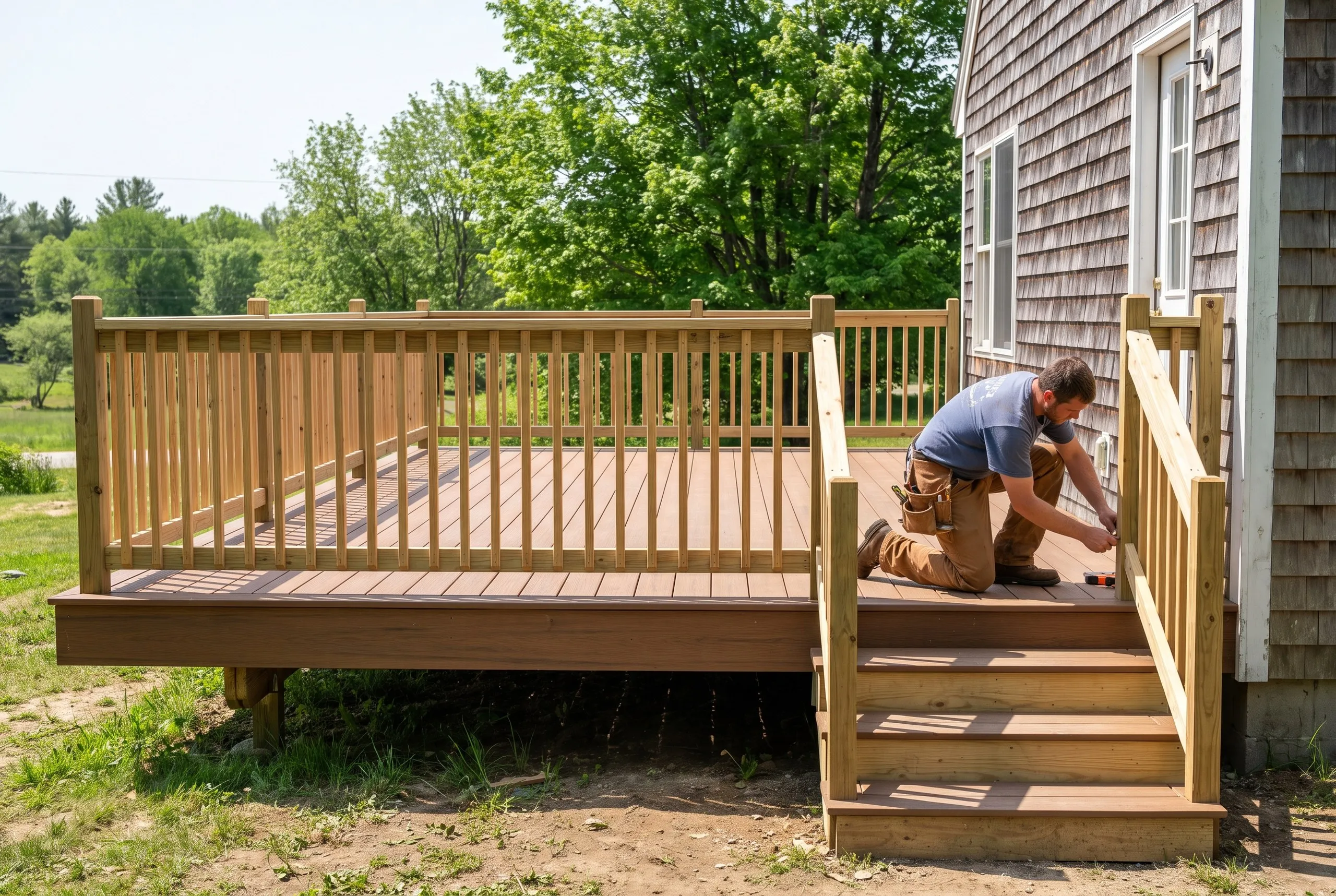 Deck builder Whitefield Maine: brown composite deck with wood railings and stairs, a worker fitting a stair post by a shingled house