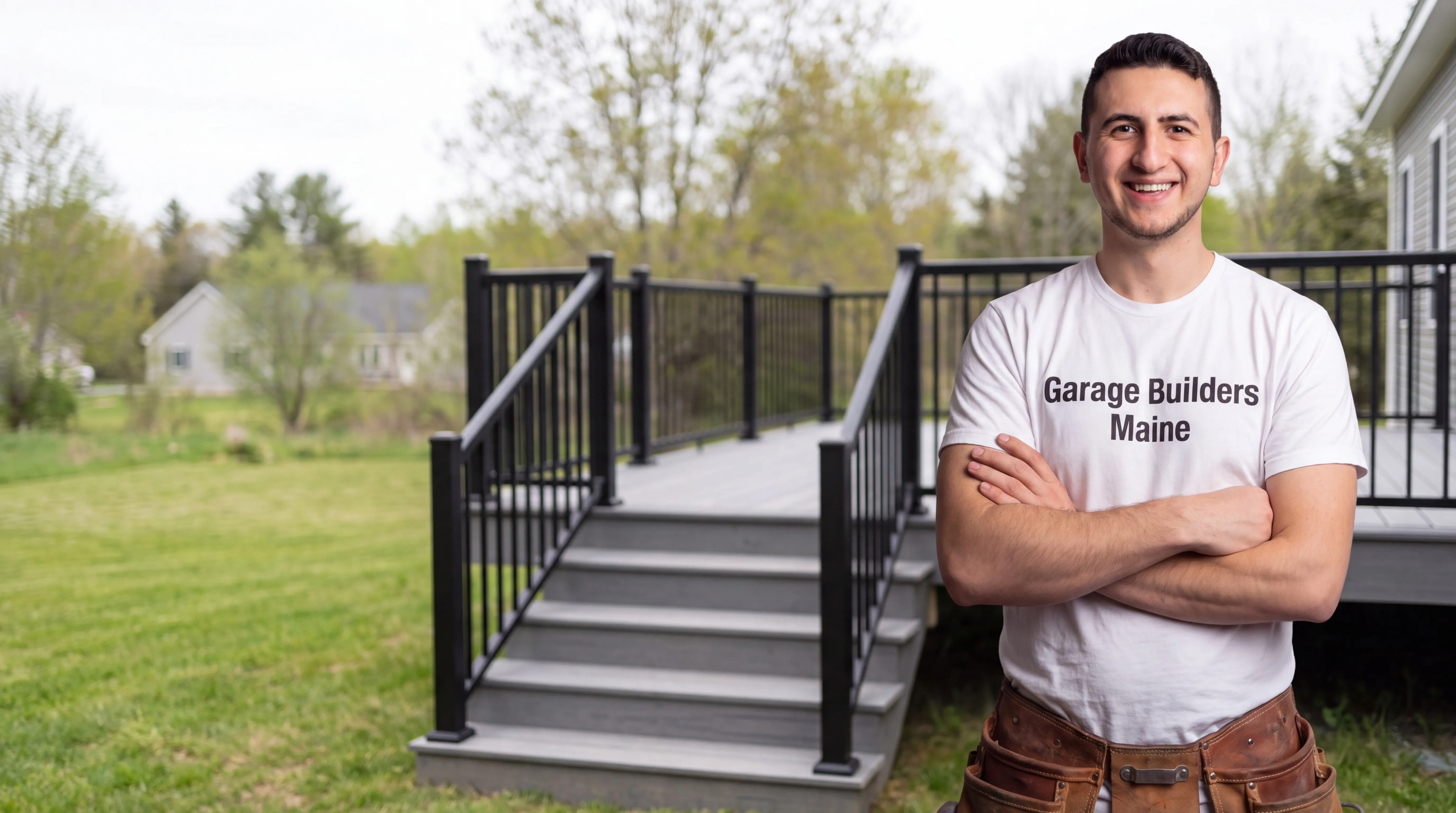 Owner of Garage Builders Maine standing with his arms crossed and smiling at a Maine job site