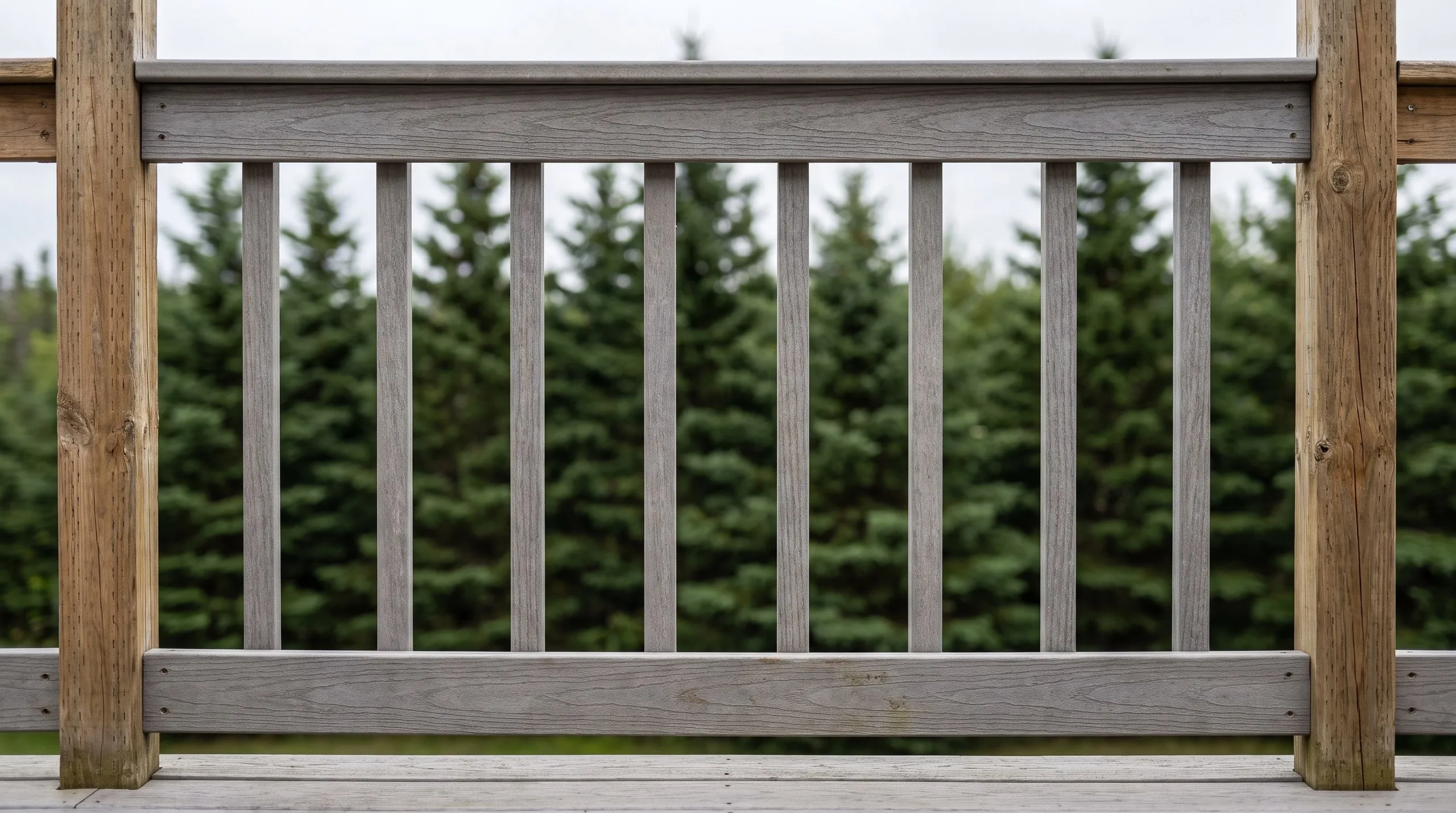 Deck builder Windsor Maine: one gray composite railing section with square balusters between wood posts, spruce trees beyond