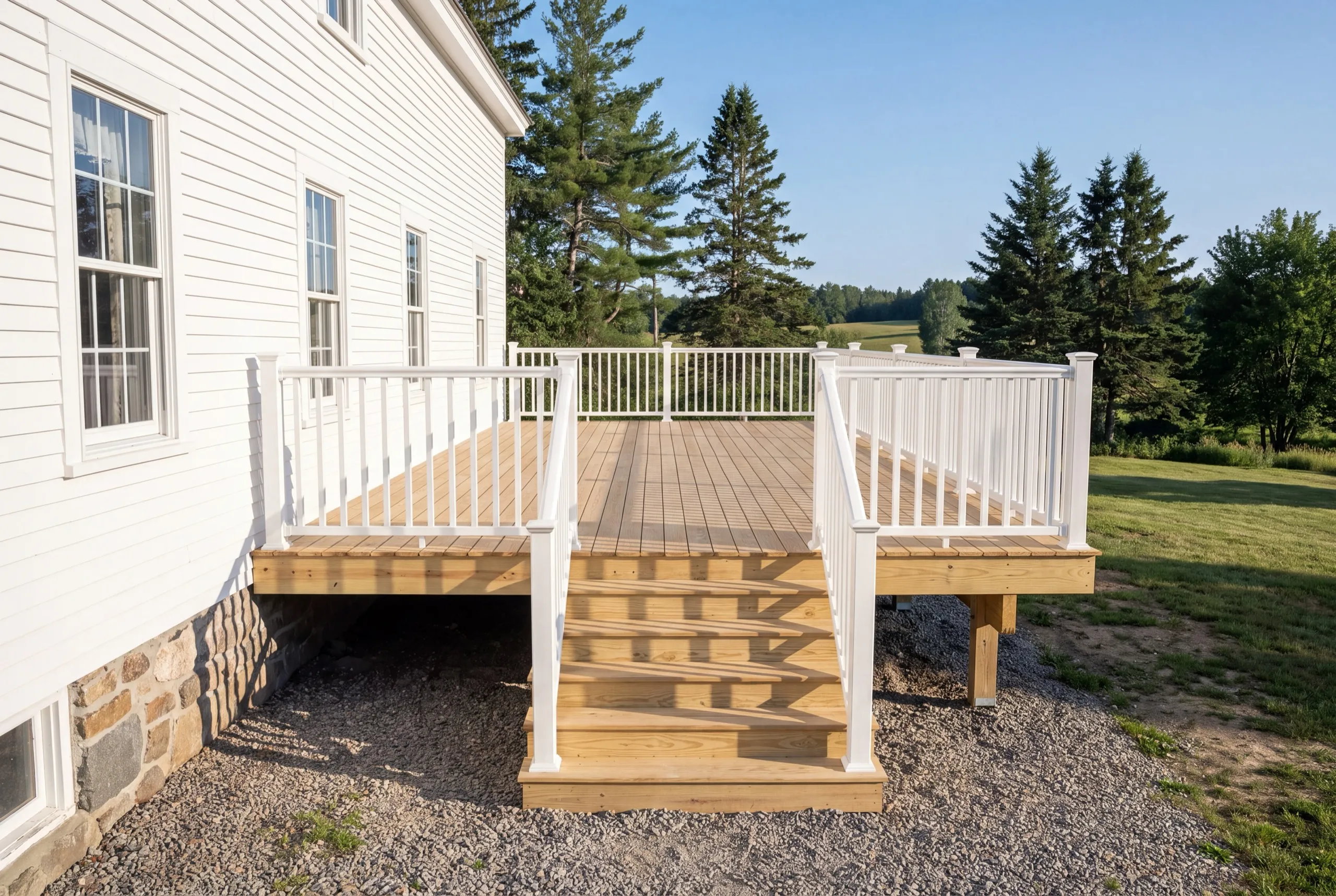 Deck builder Windsor Maine: new pressure-treated deck with white railing and center stairs on a white farmhouse