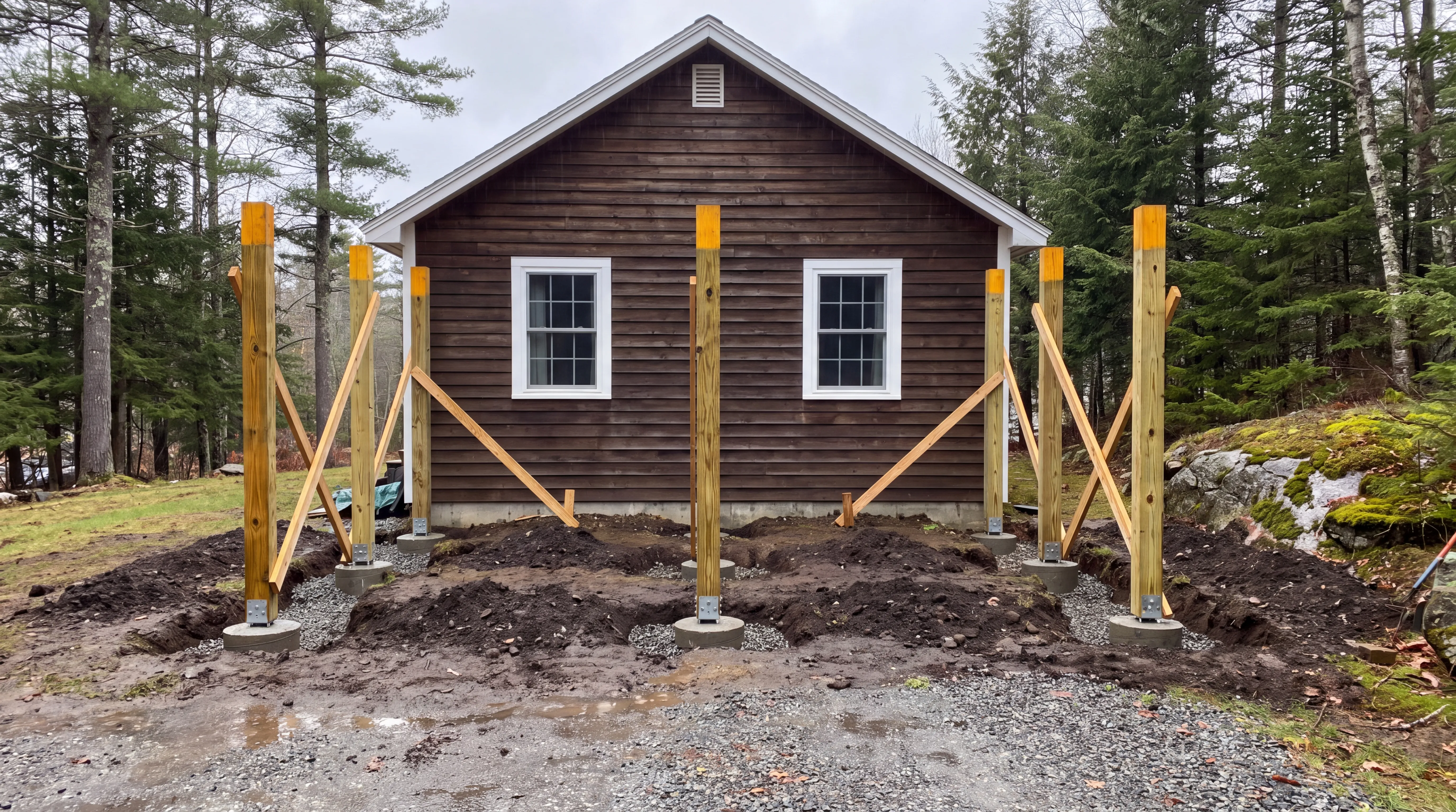 Braced wood posts on concrete footings in dug soil around a brown cabin in Winthrop, Maine