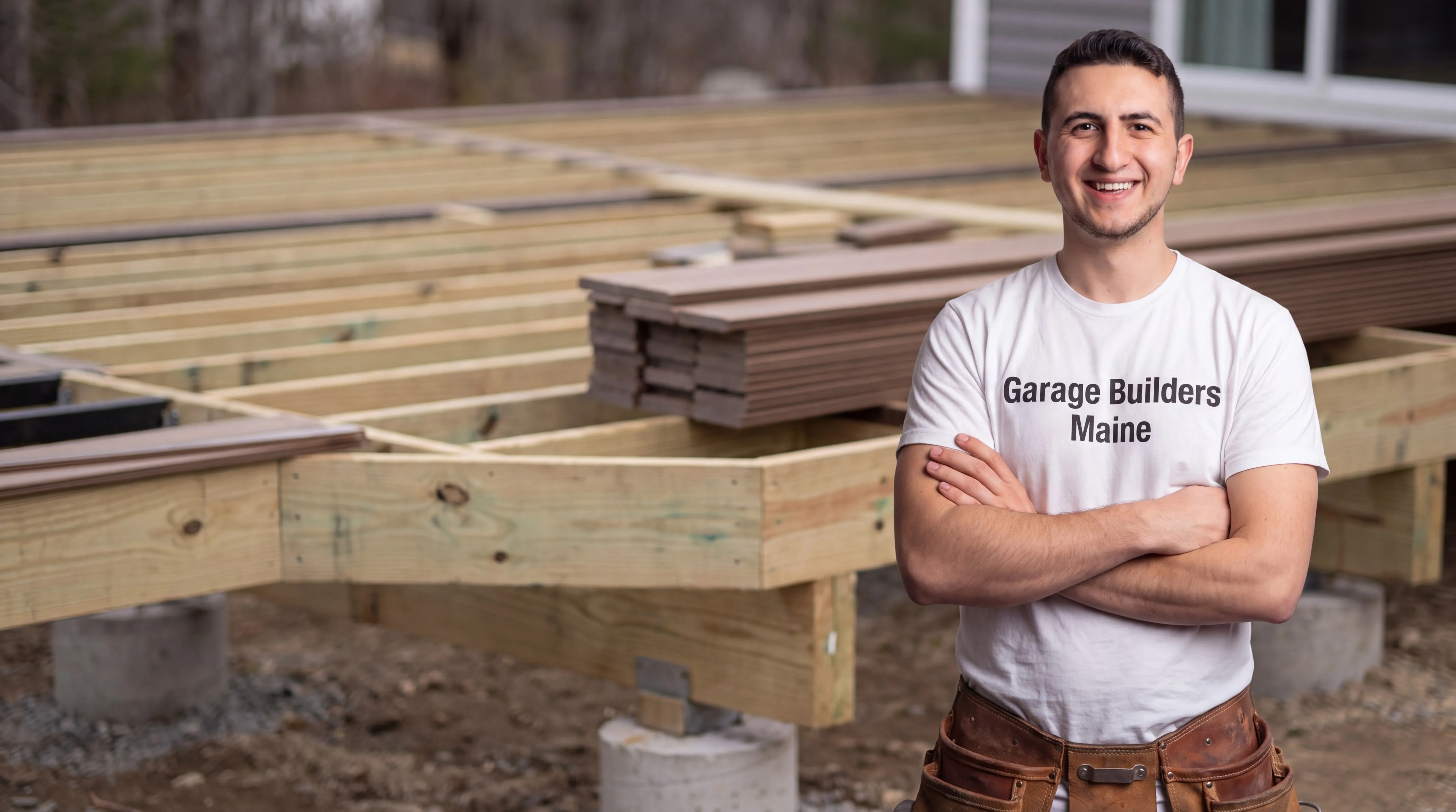 Owner of Garage Builders Maine standing with his arms crossed and smiling at a Maine job site