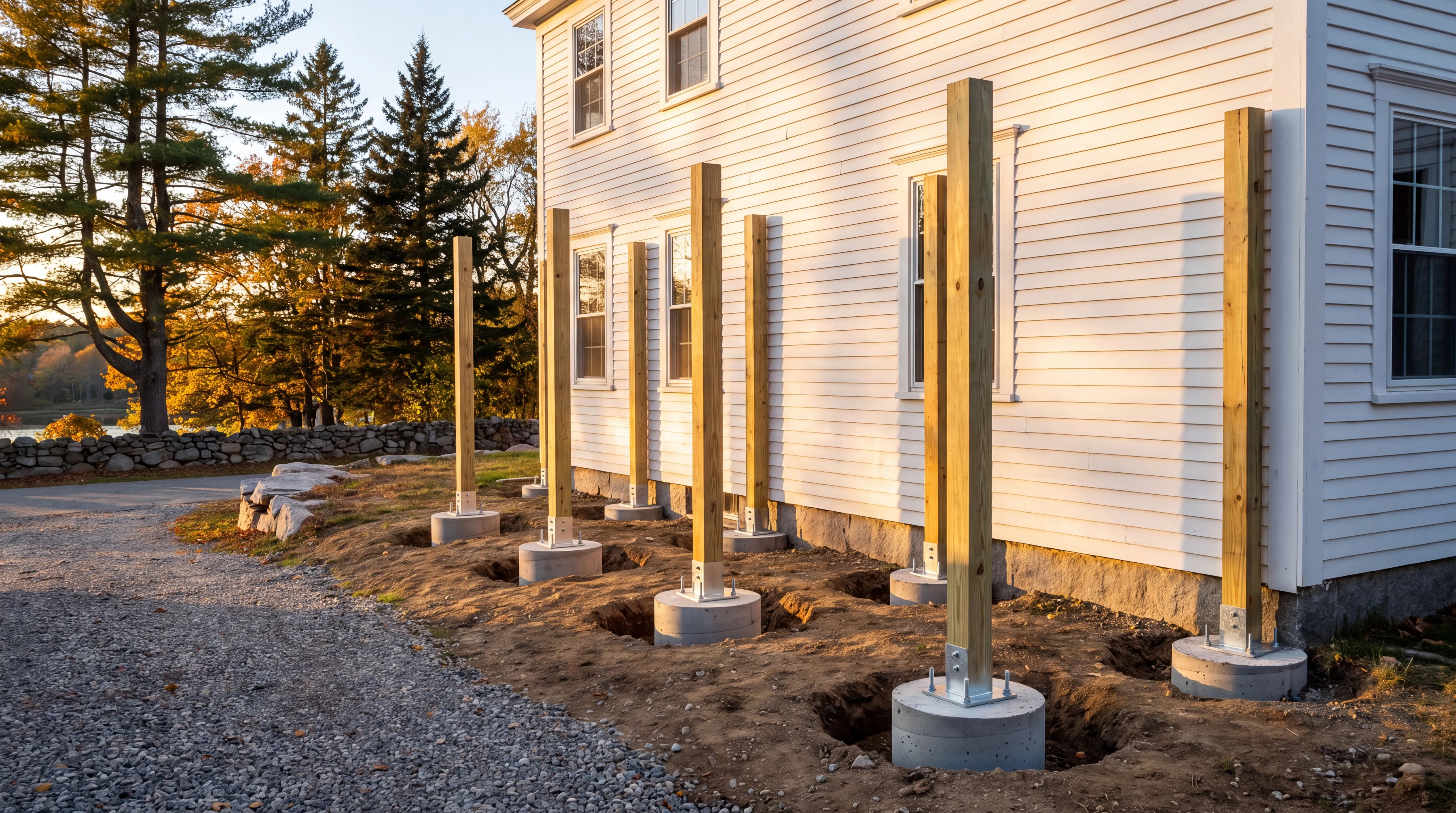 Wood deck posts on concrete footings in dug holes along a white house in Wiscasset, Maine