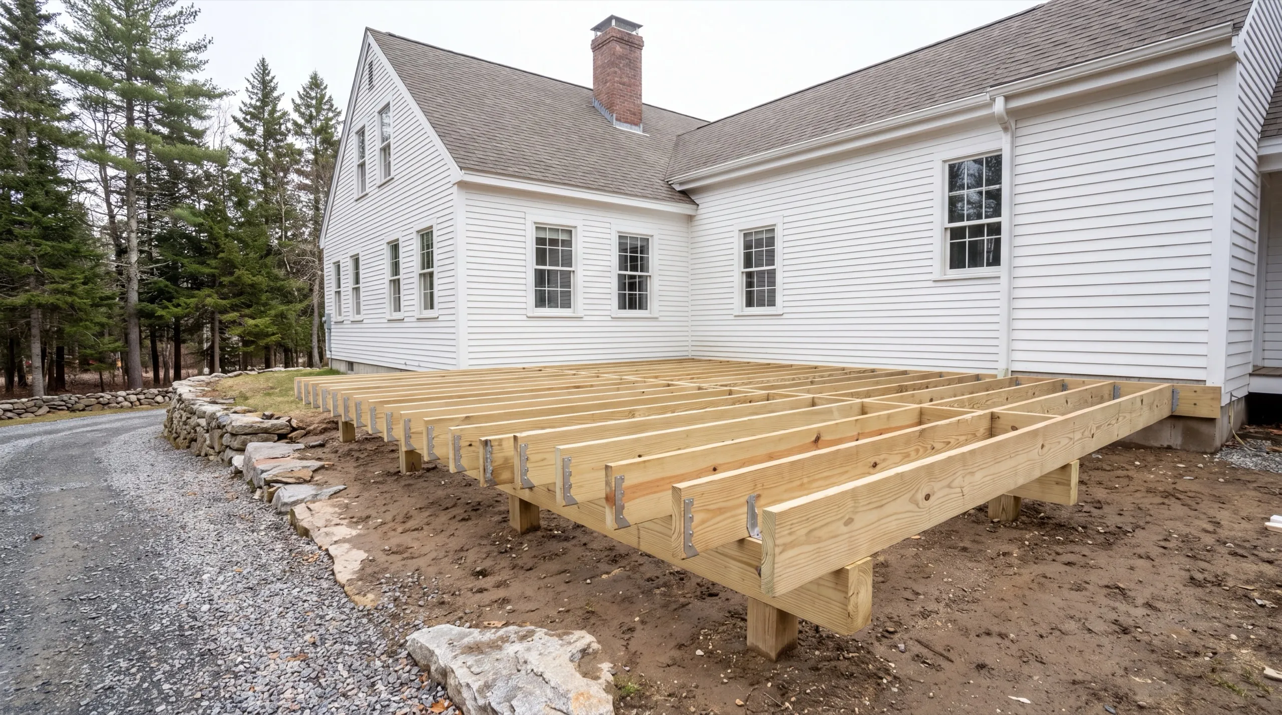 deck framing in progress on a Wiscasset home