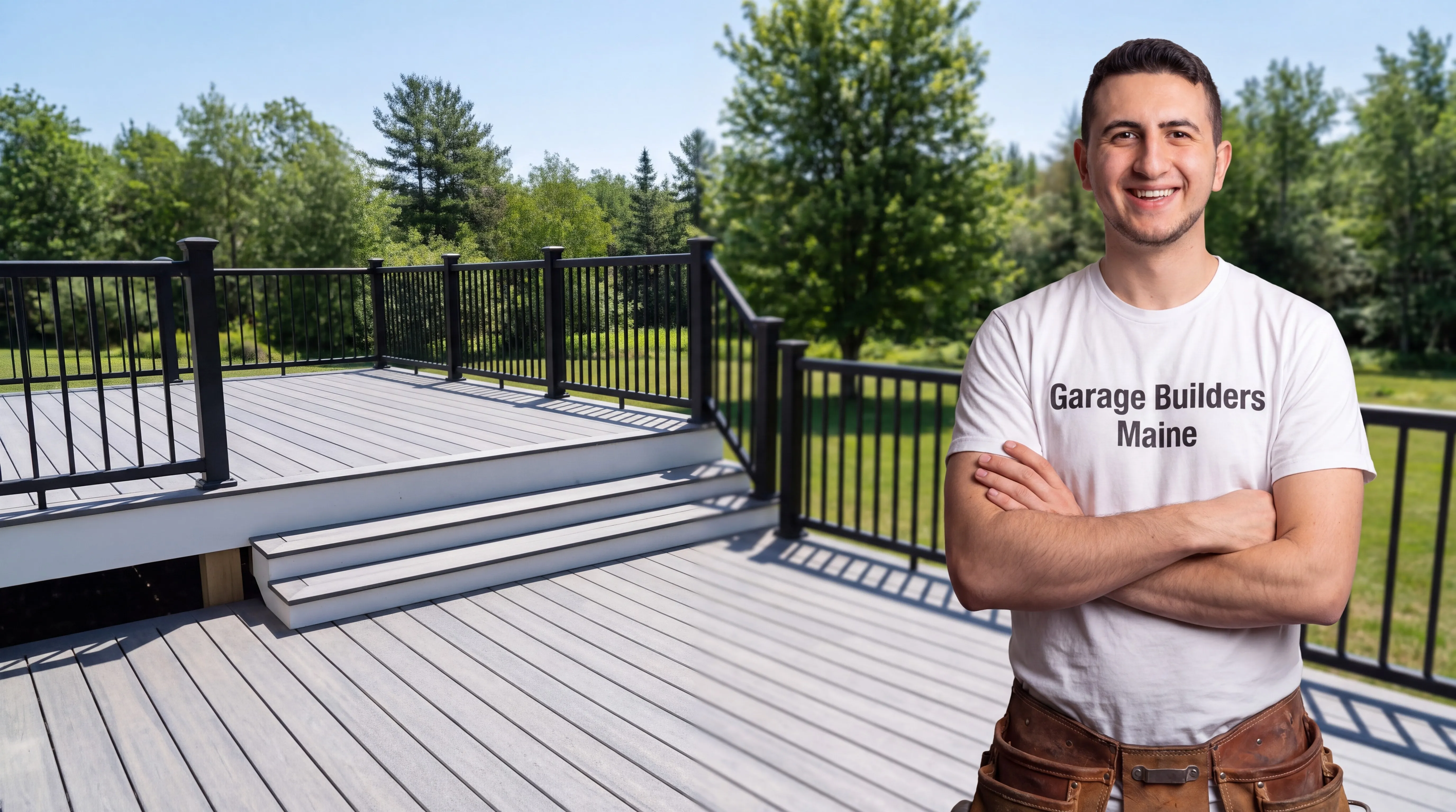 Owner of Garage Builders Maine standing with his arms crossed and smiling at a Maine job site