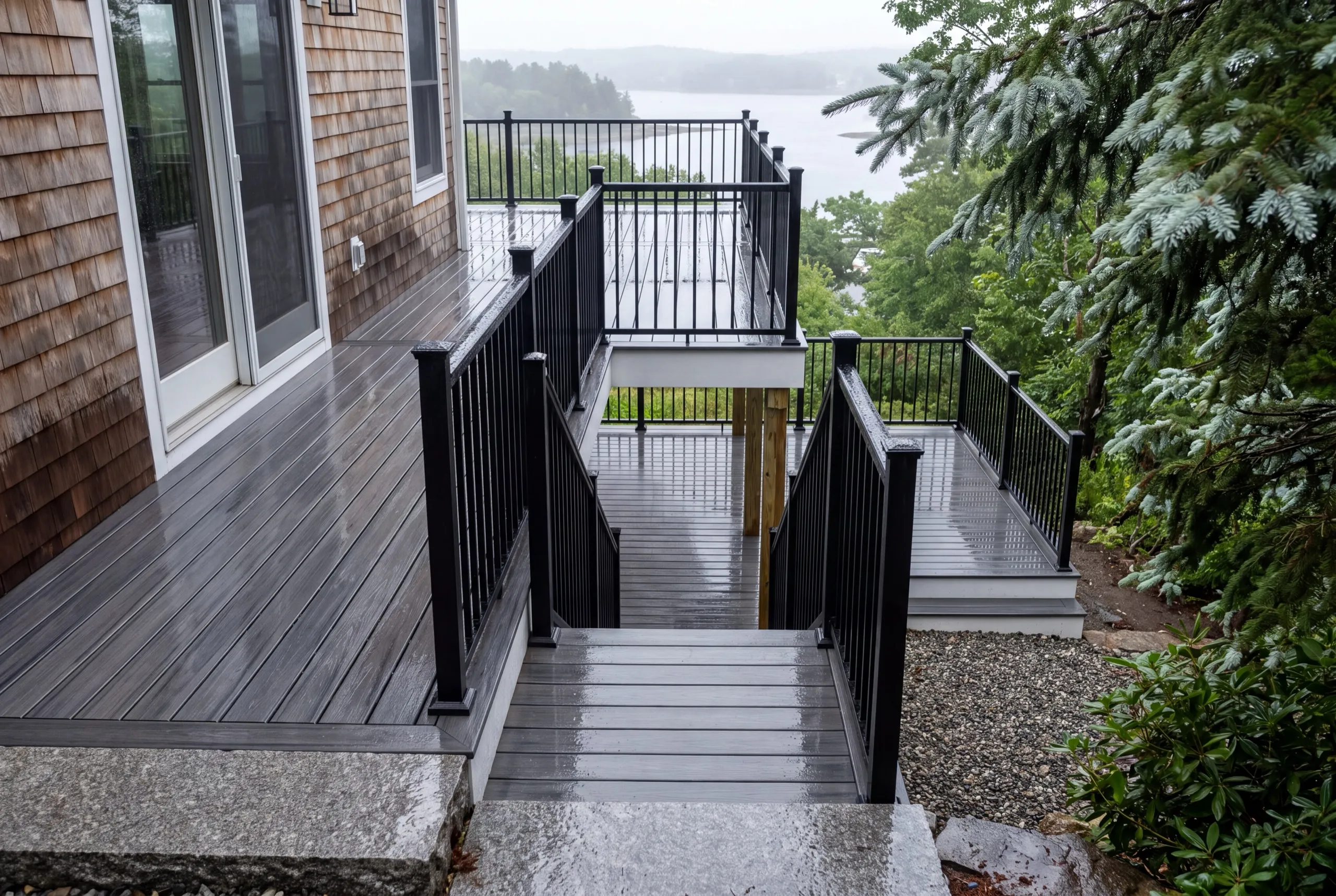 Deck contractor Wiscasset Maine: gray composite deck stepping down by stairs to lower levels above water