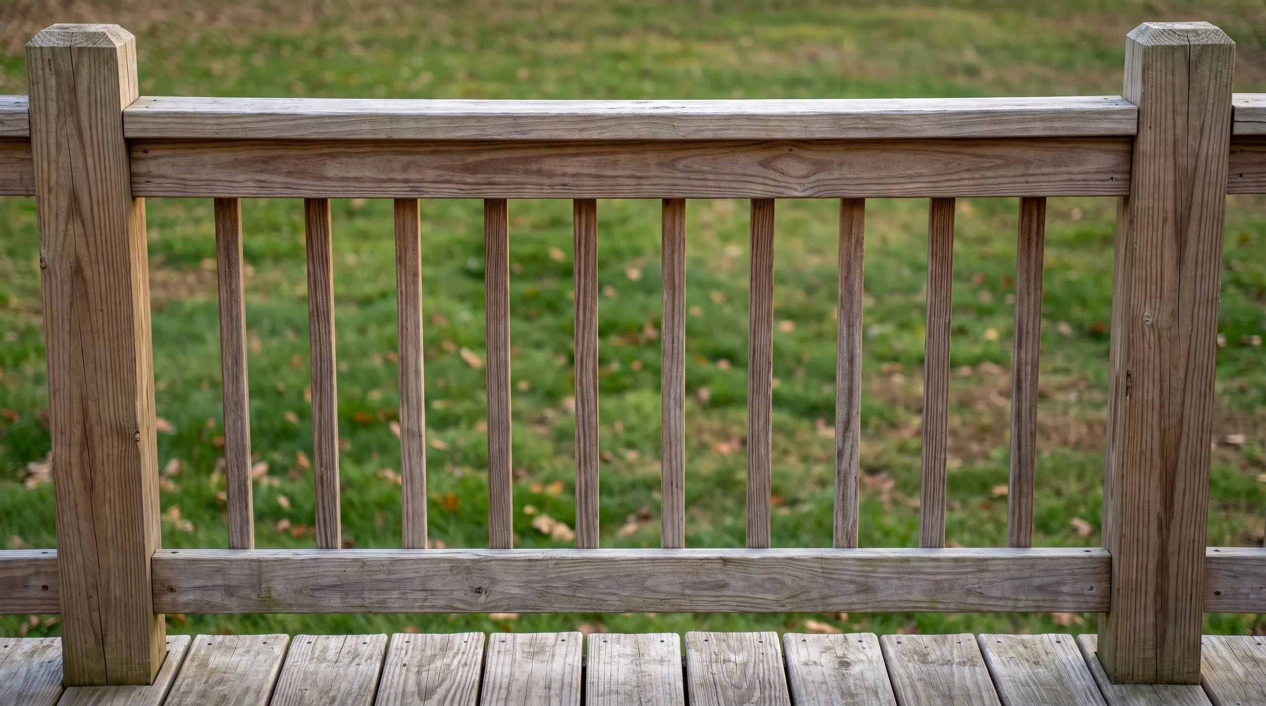 Deck builder Wiscasset Maine: weathered wood deck railing section with square balusters between two posts on a board deck