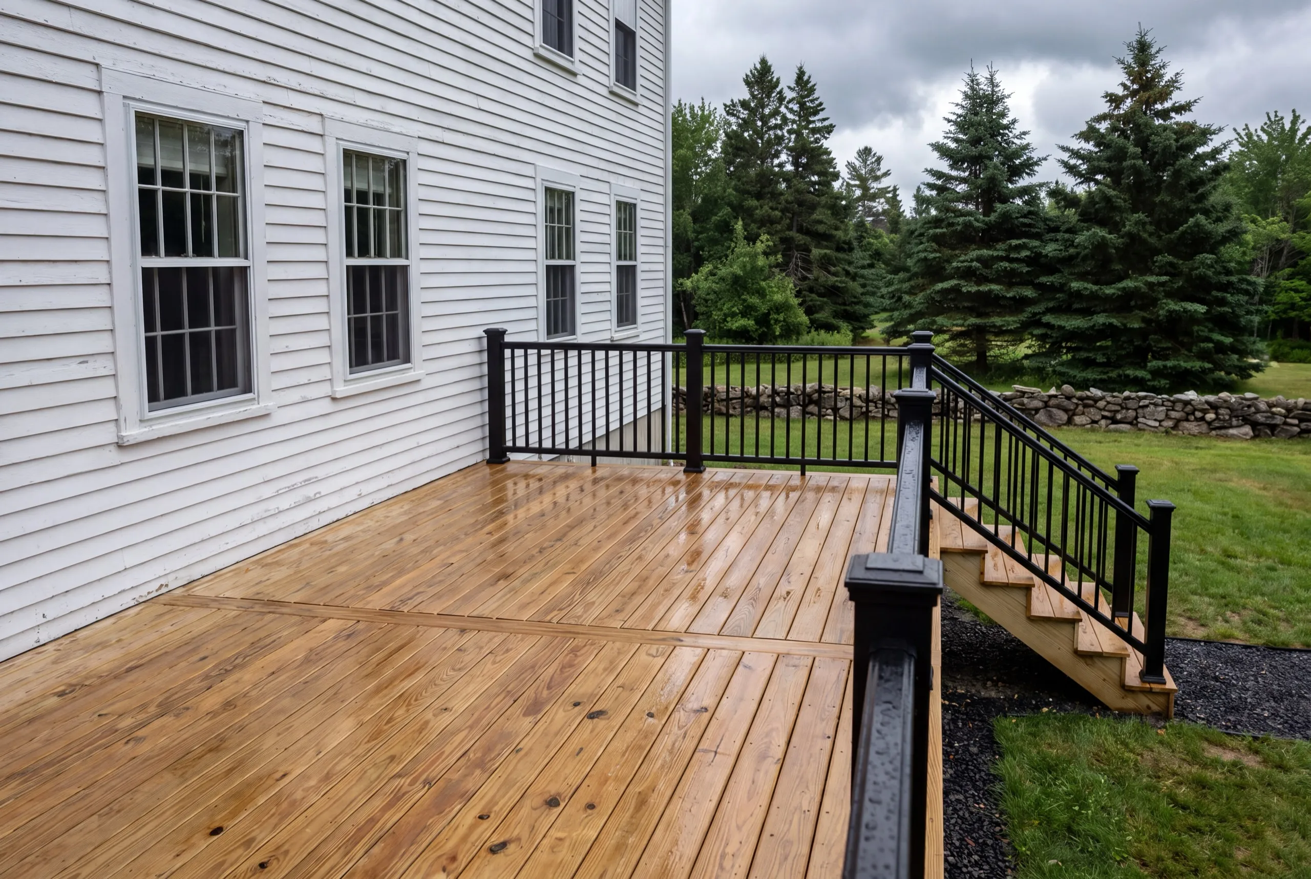 Deck builder Wiscasset Maine: new pressure-treated deck with black railing and side stairs on a white house