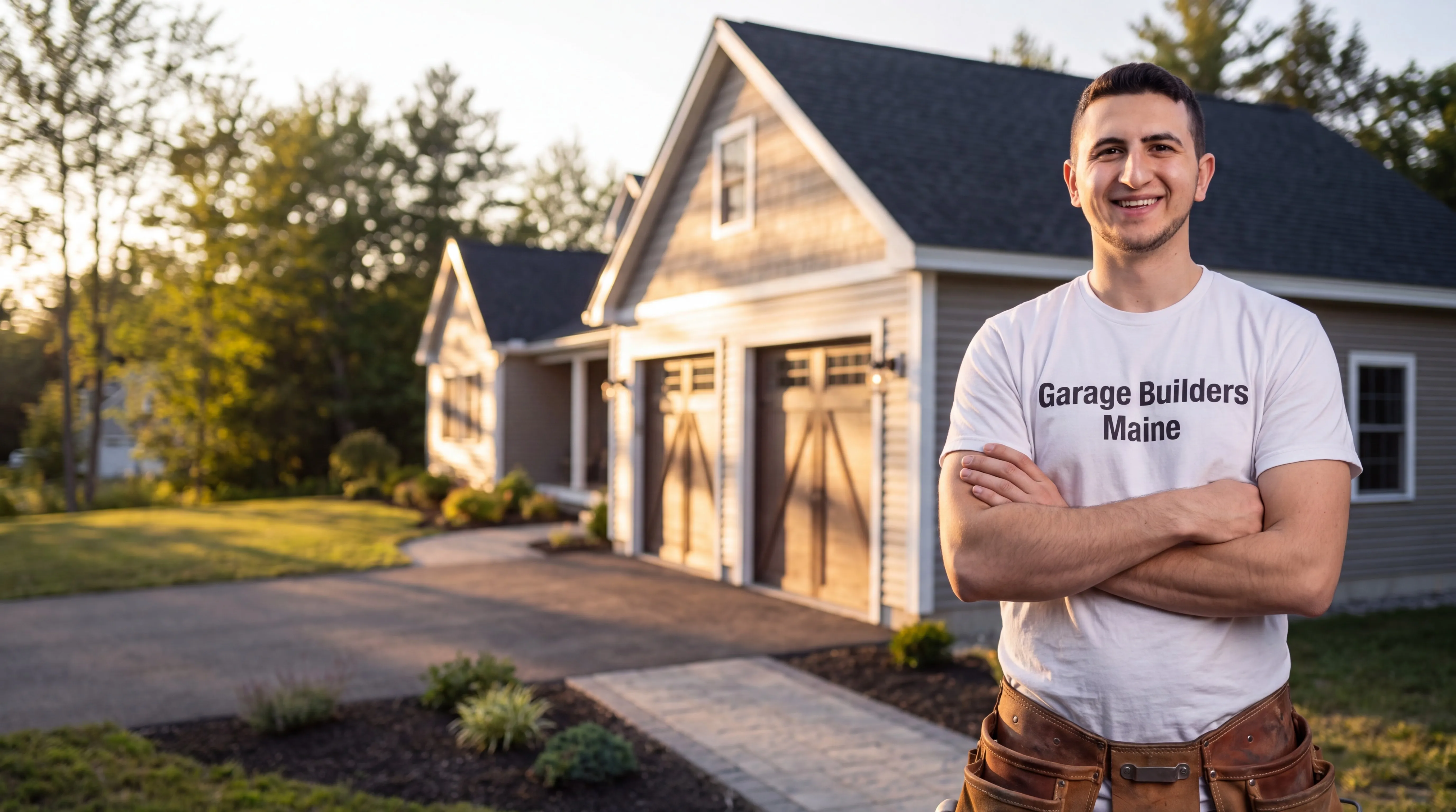 Owner of Garage Builders Maine standing with his arms crossed and smiling at a Maine job site