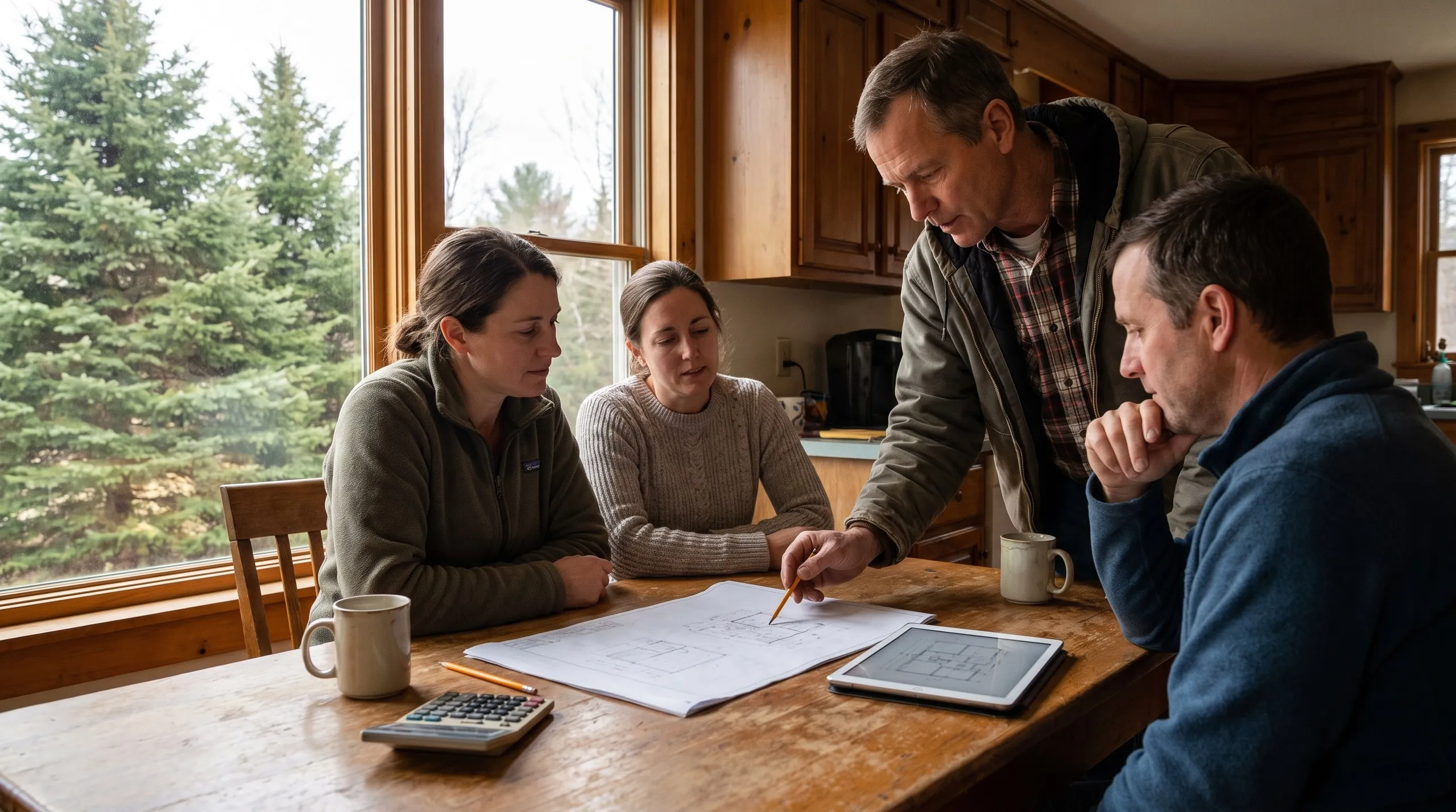 Detached garage builder Augusta Maine: contractor points to plans with a pencil as three homeowners look on at a kitchen table