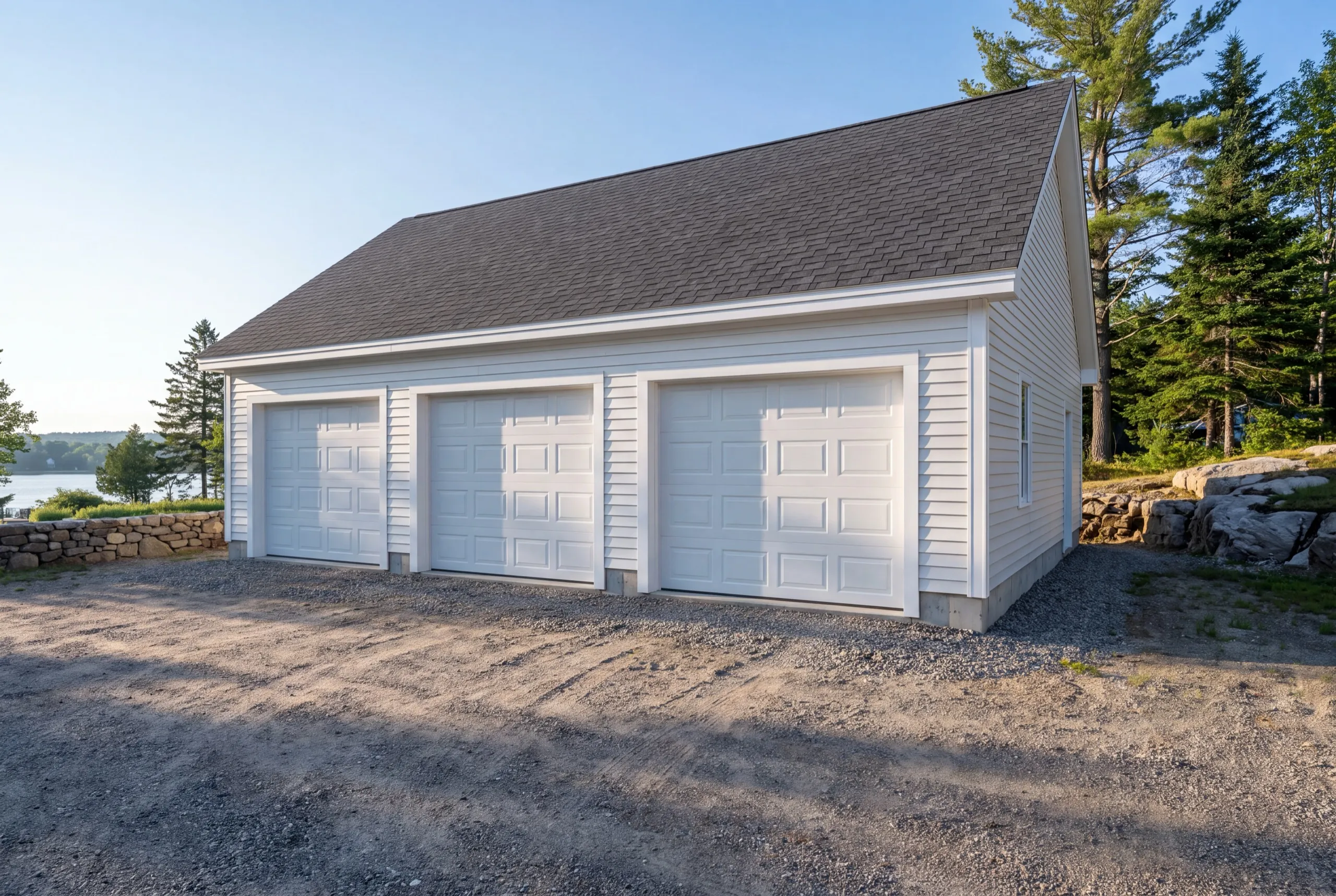Custom garage builder Augusta Maine: finished white three-bay garage with three white overhead doors on gravel