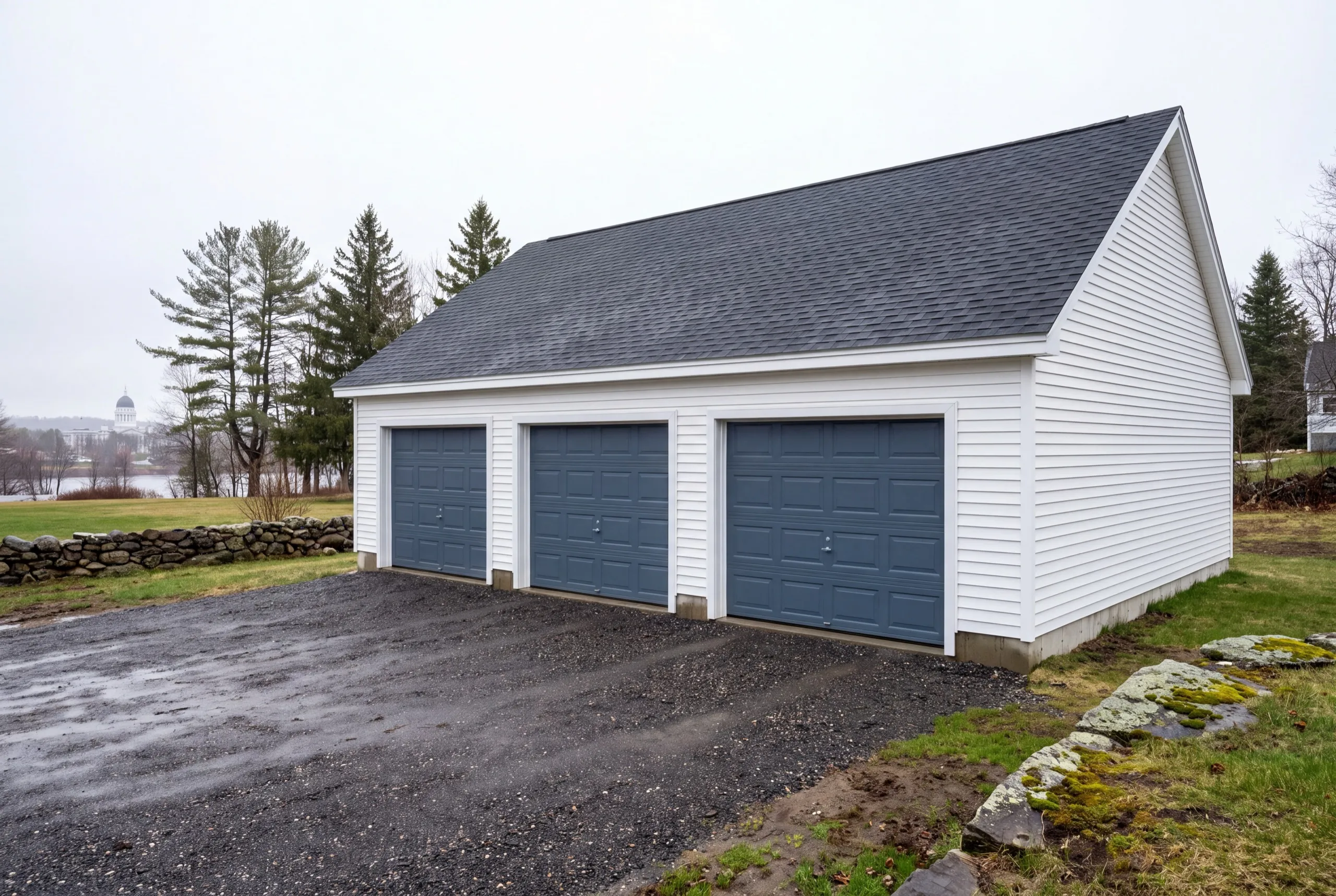 Detached garage builder Augusta Maine: finished white three-bay garage with three slate blue doors on a gravel drive