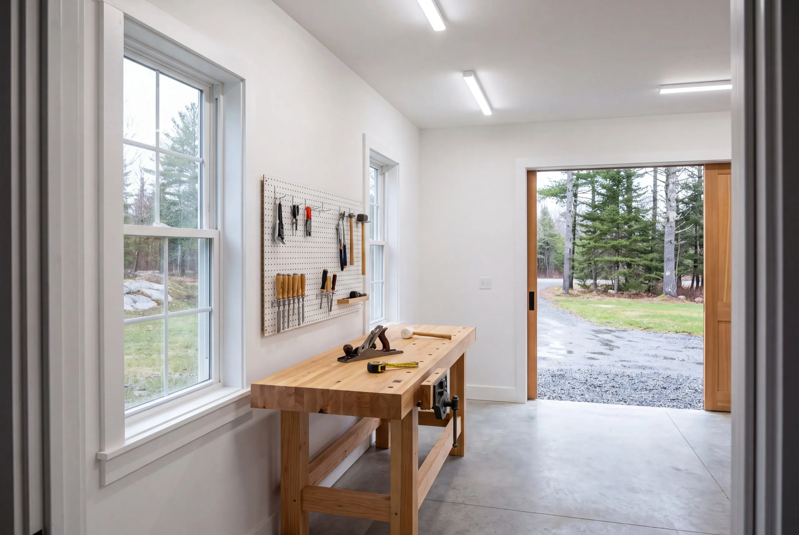 Garage builders Augusta Maine: finished white workshop with a wood workbench, pegboard tools and a concrete floor