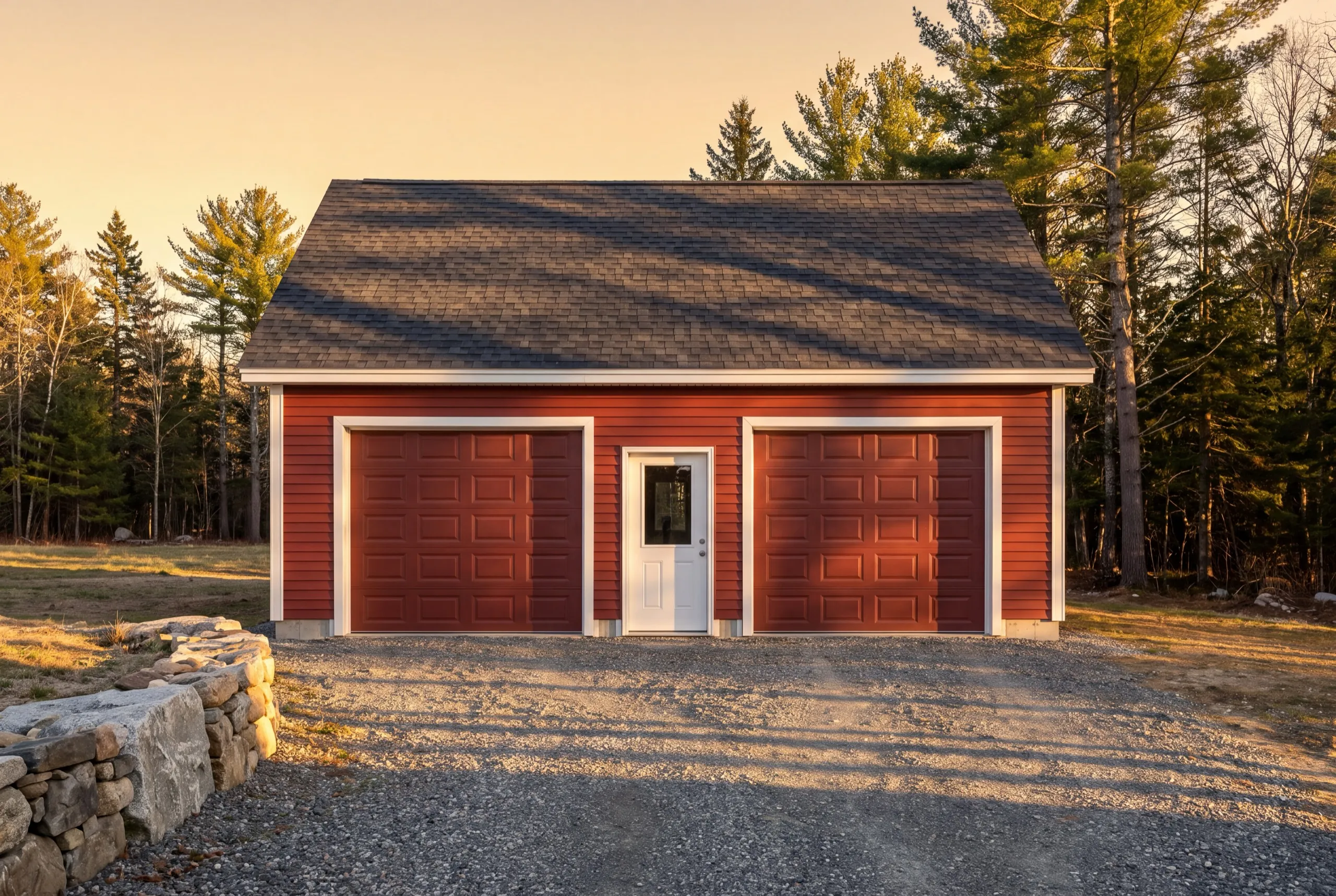 Custom garage builder Chelsea Maine: finished red detached two-bay garage with a white entry door between the bays