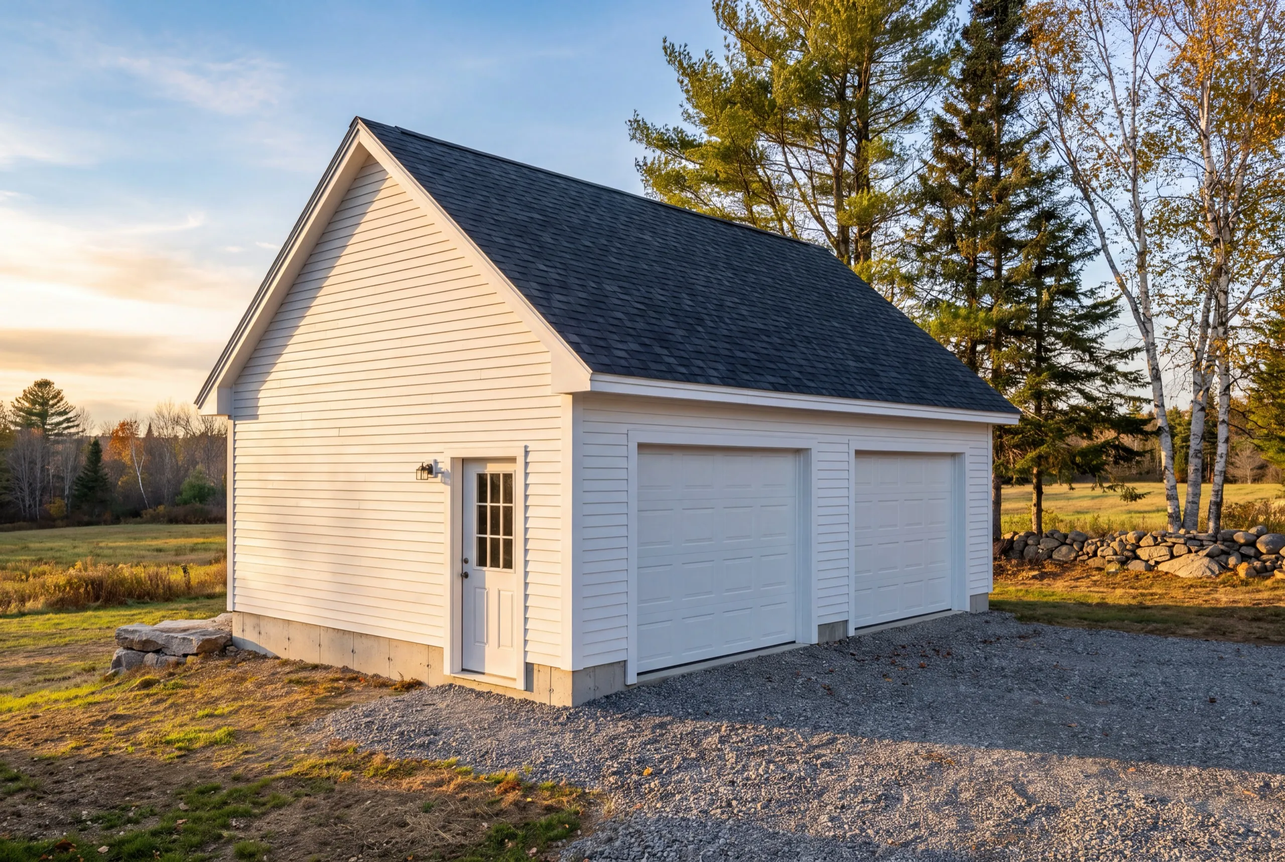 Detached garage builder Chelsea Maine: finished white detached two-bay garage with a side entry door in an open field
