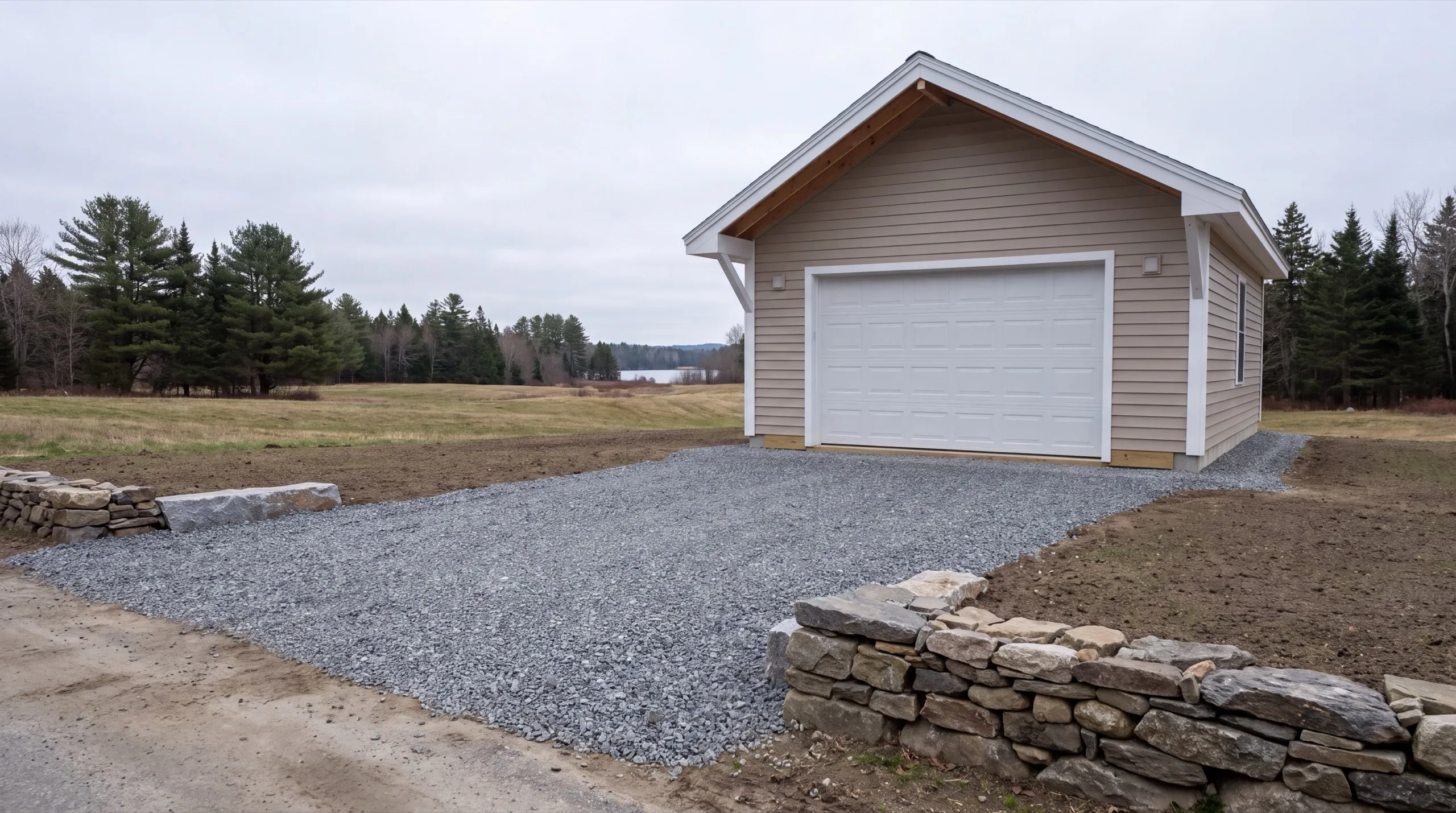 garage build with gravel apron on a Chelsea rural lot