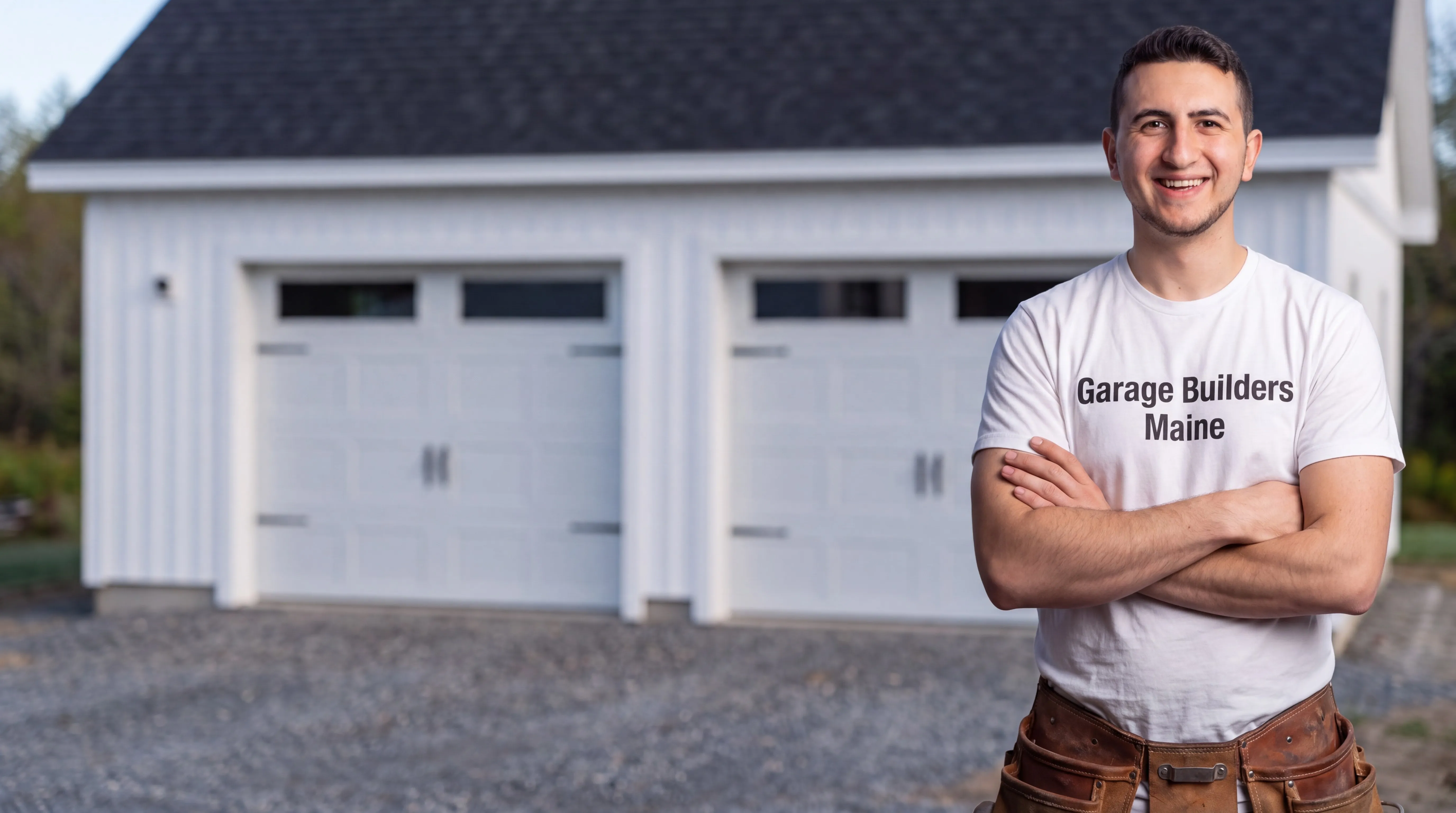 Owner of Garage Builders Maine standing with his arms crossed and smiling at a Maine job site