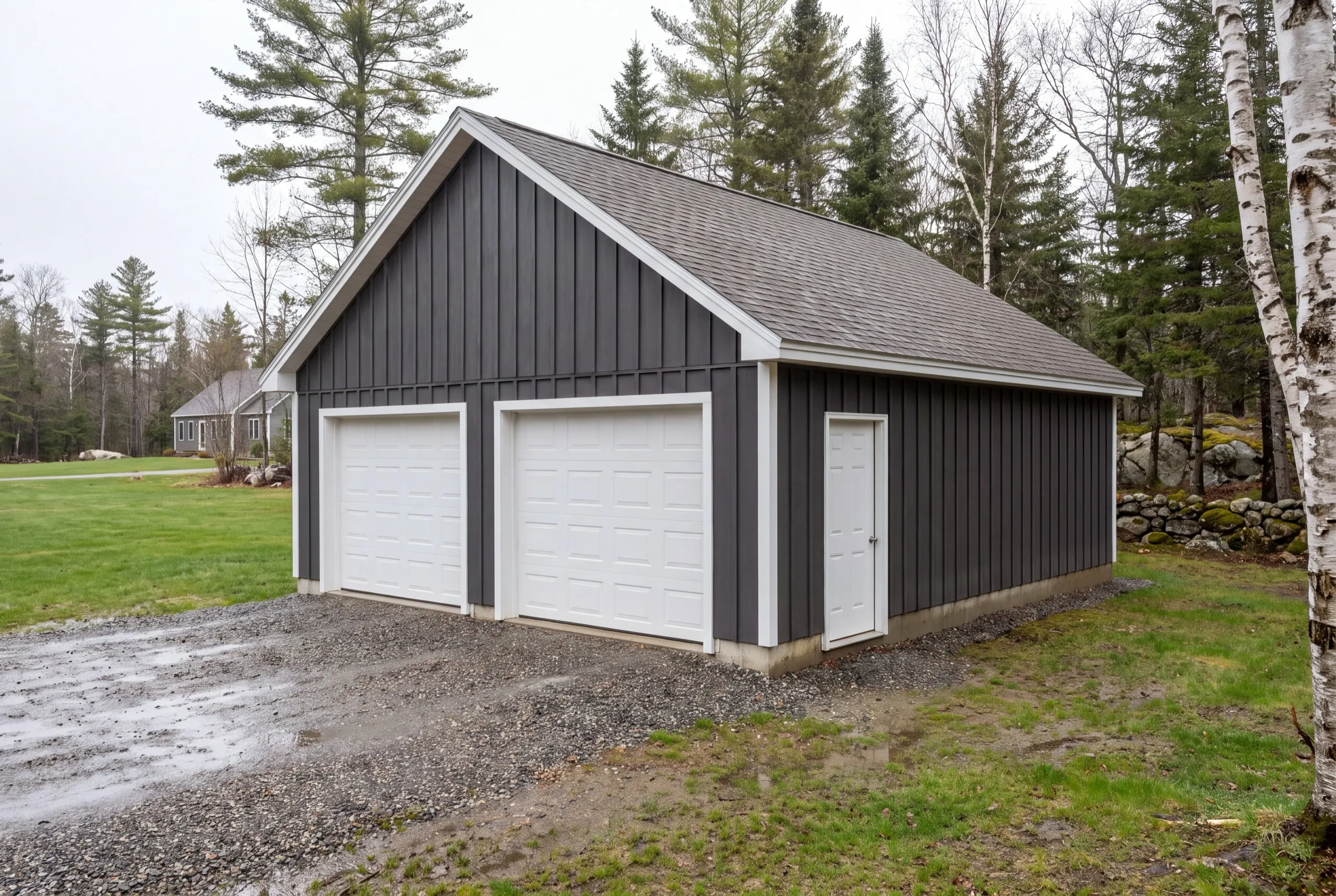Garage builder Central Maine: detached charcoal board-and-batten two-bay garage with a side entry door