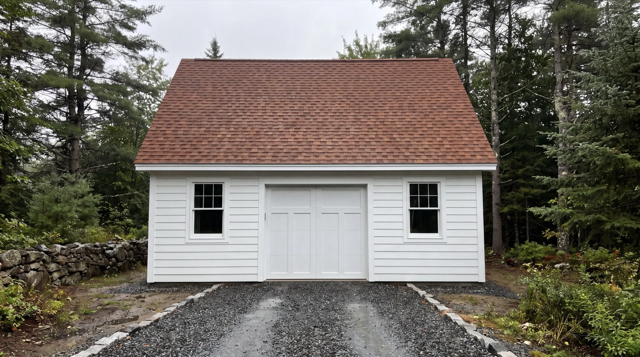Garage builder Central Maine: detached white one-bay garage with a carriage door and a brown roof