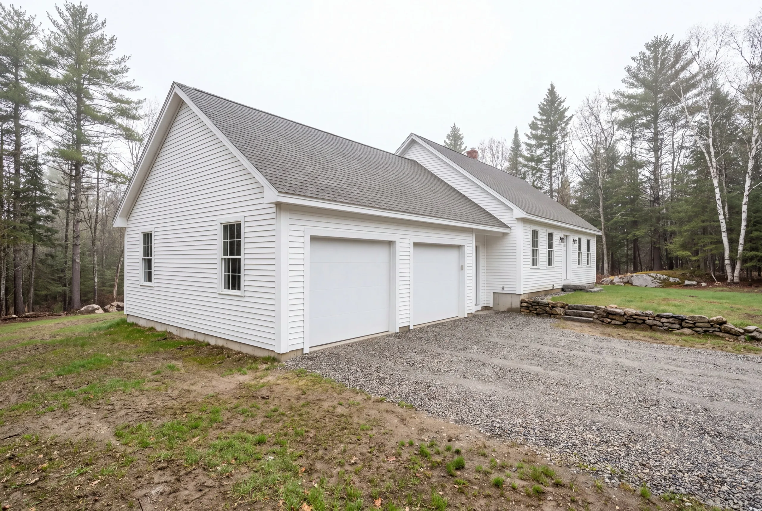 Garage builder Dresden Maine: white two-bay garage attached to a long white farmhouse on a gravel drive
