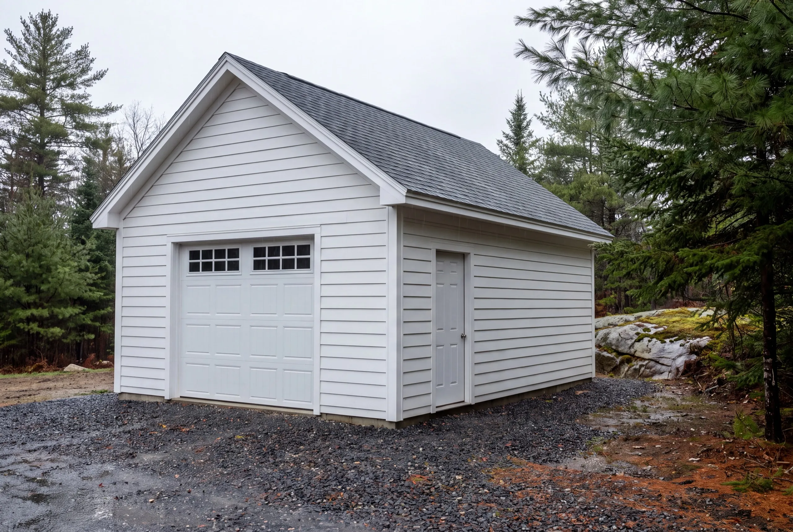 Detached garage builder Dresden Maine: finished white detached one-bay garage with a side entry door in the woods