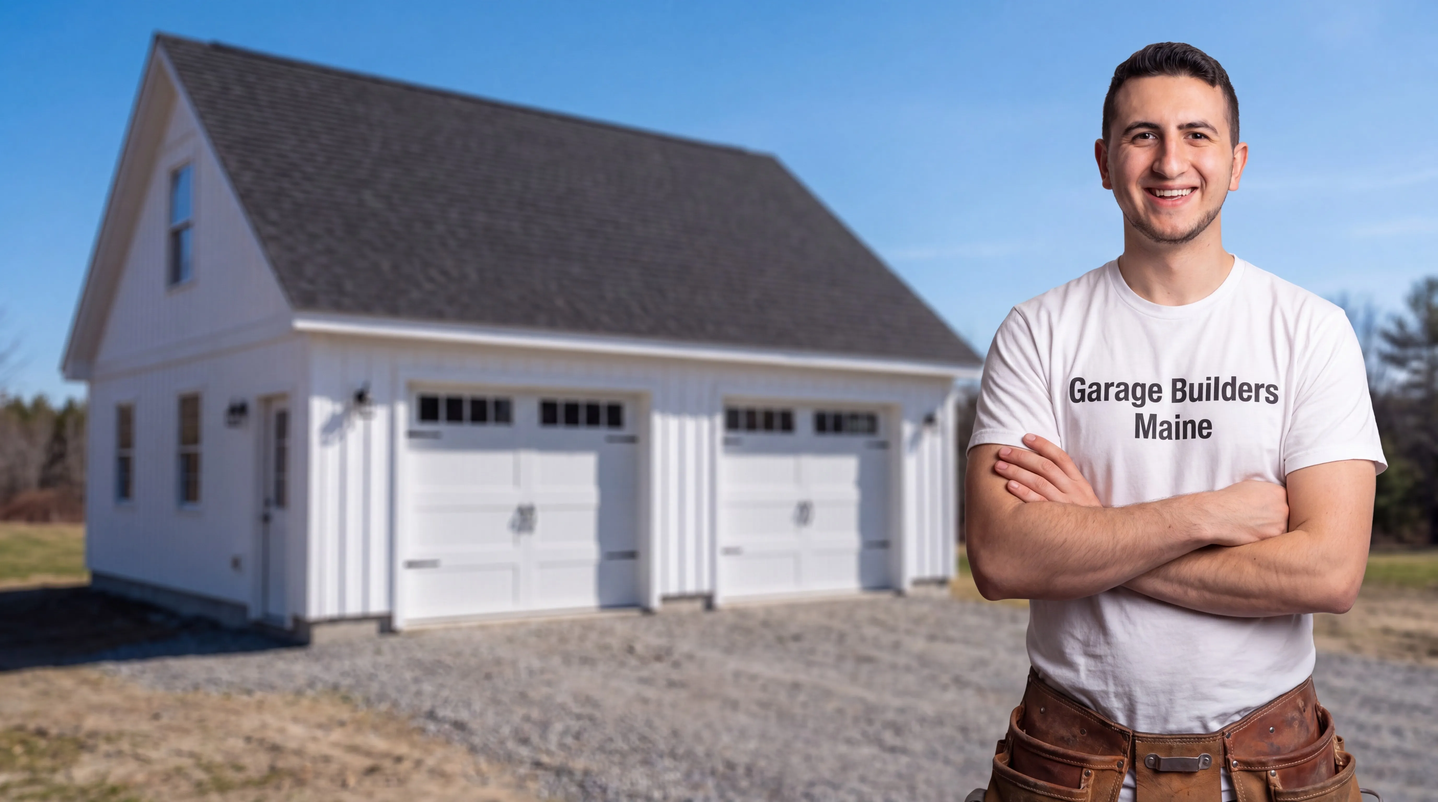 Owner of Garage Builders Maine standing with his arms crossed and smiling at a Maine job site