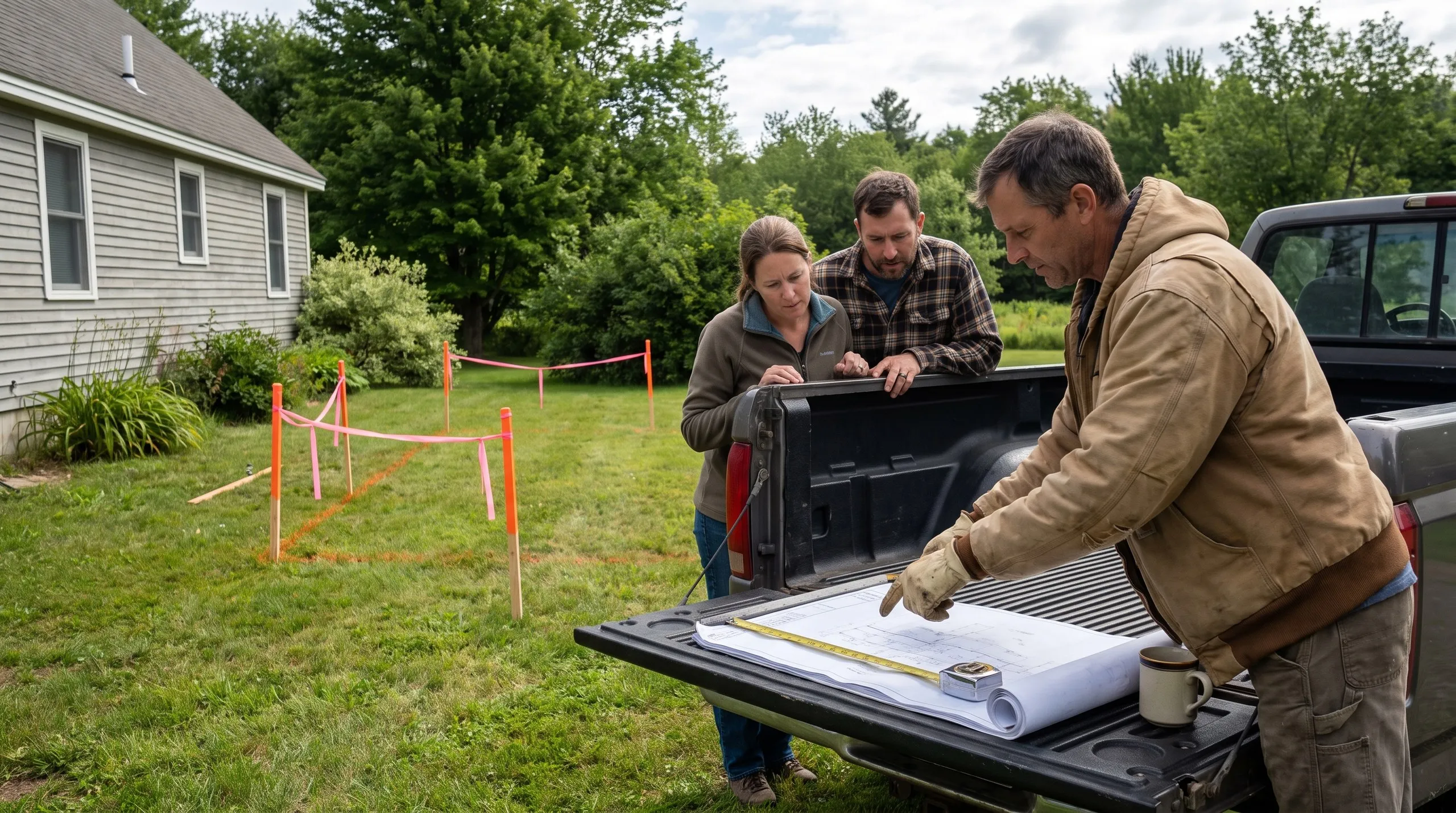 Custom garage builder Dresden Maine: contractor and homeowners go over plans on a truck tailgate beside a staked building site
