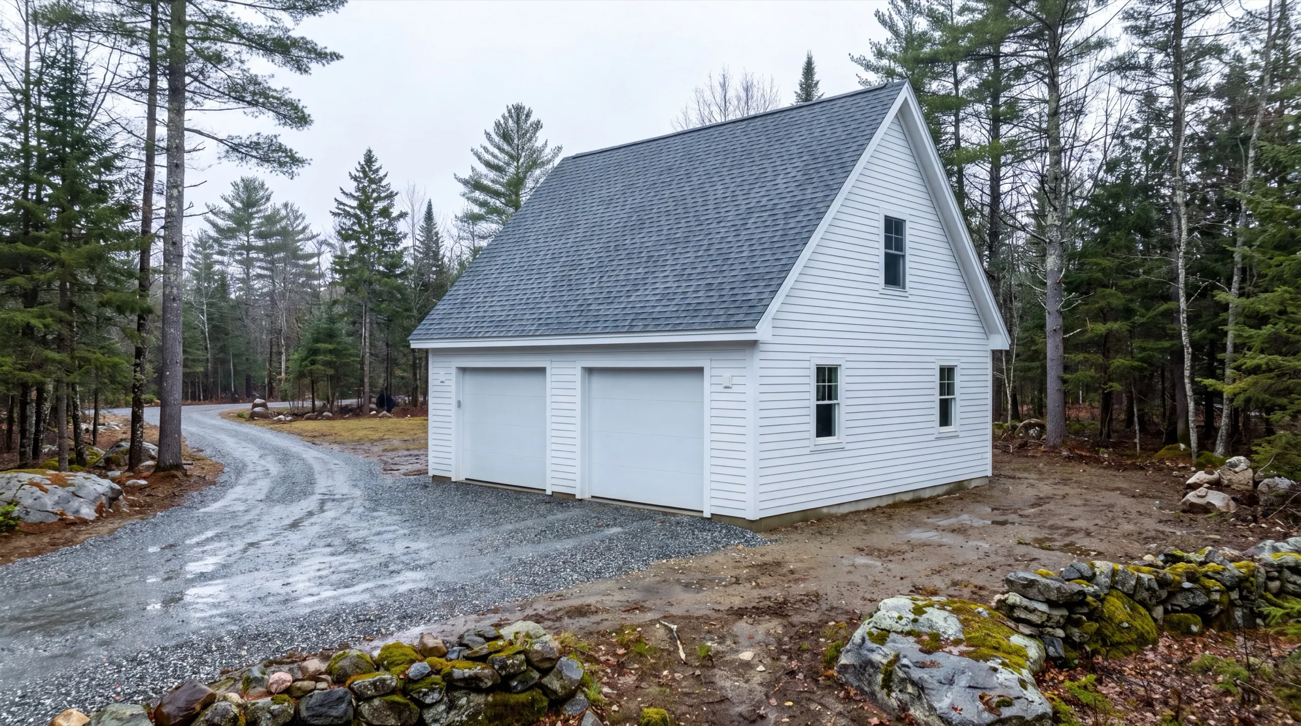 Detached garage builder Dresden Maine: finished white detached two-bay garage with a gable window by a wooded gravel drive