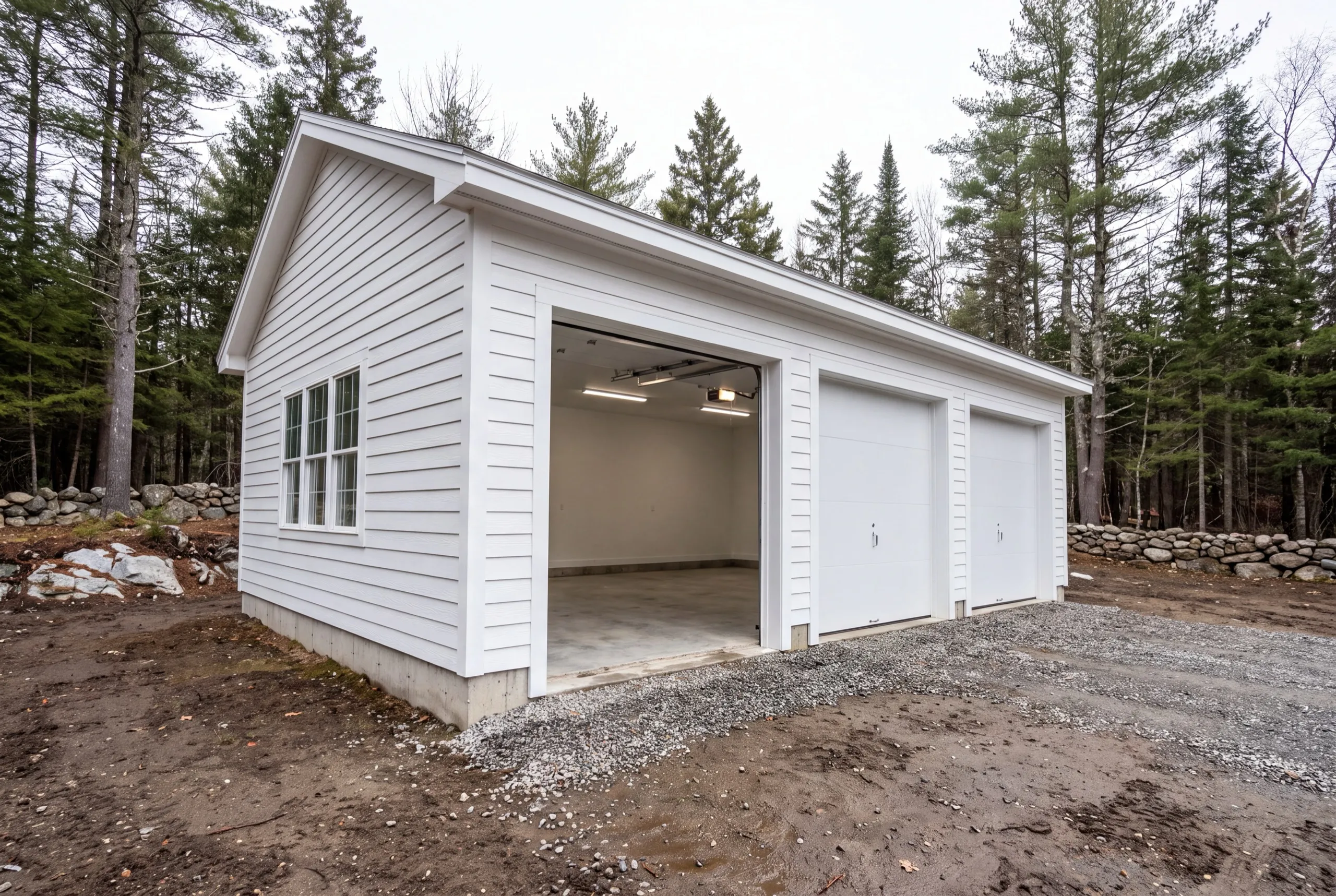 Garage builder Dresden Maine: finished white three-bay garage with one door open to an empty lit interior