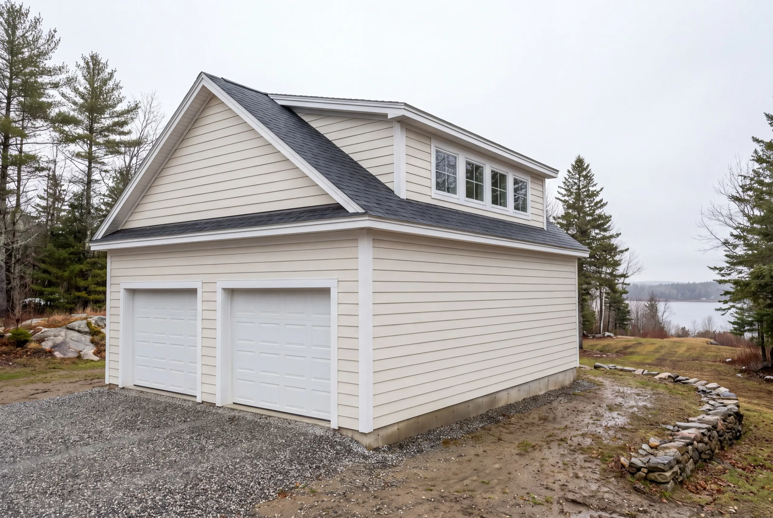 Detached garage builder Farmingdale Maine: finished cream two-bay garage with a shed dormer loft and white doors