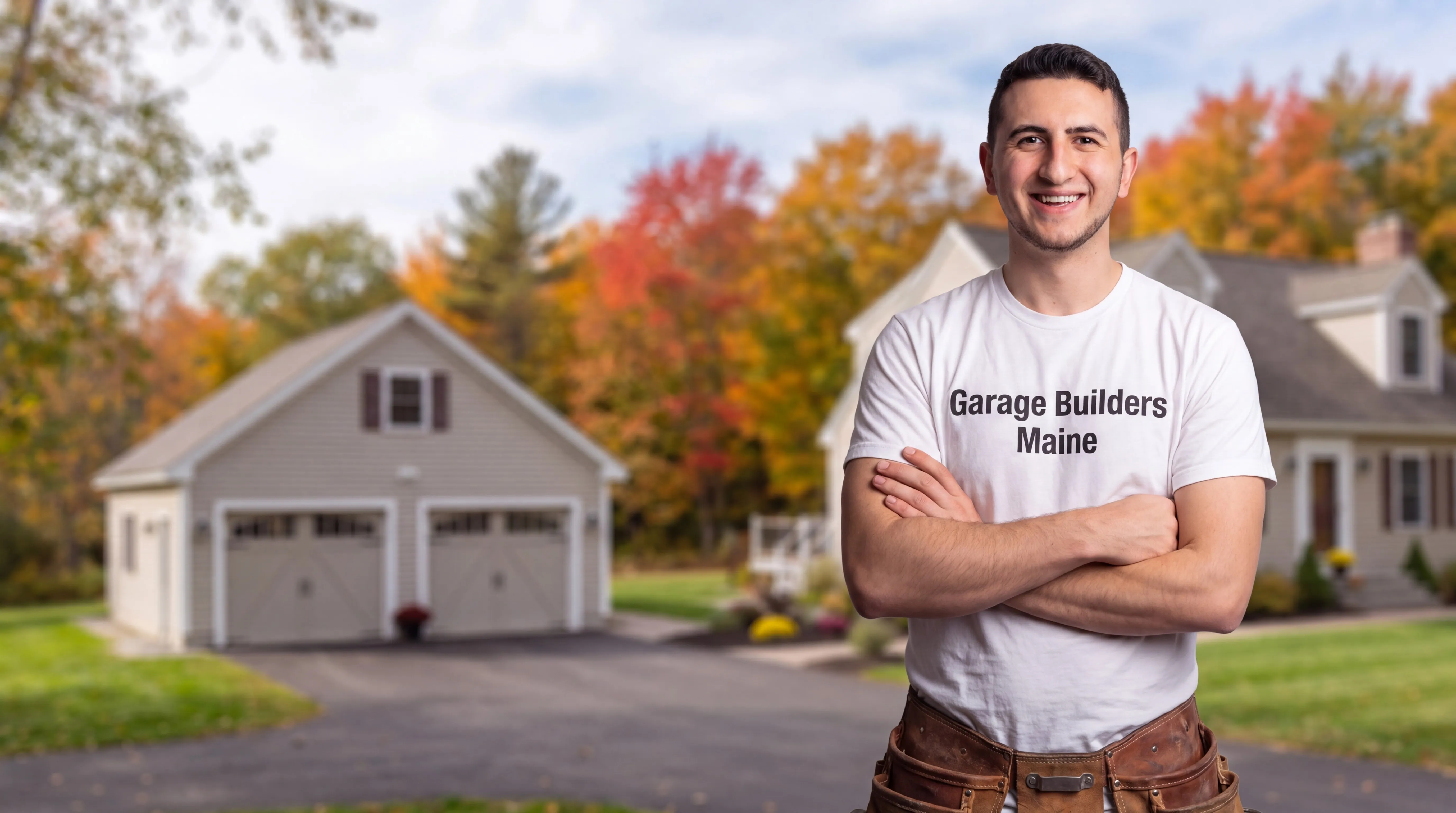 Owner of Garage Builders Maine standing with his arms crossed and smiling at a Maine job site