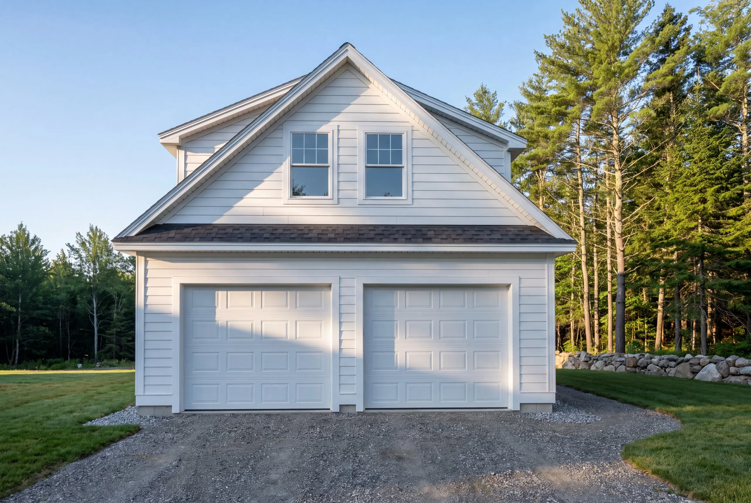 Garage builder Gardiner Maine: finished white detached two-bay garage with upper gable windows on gravel