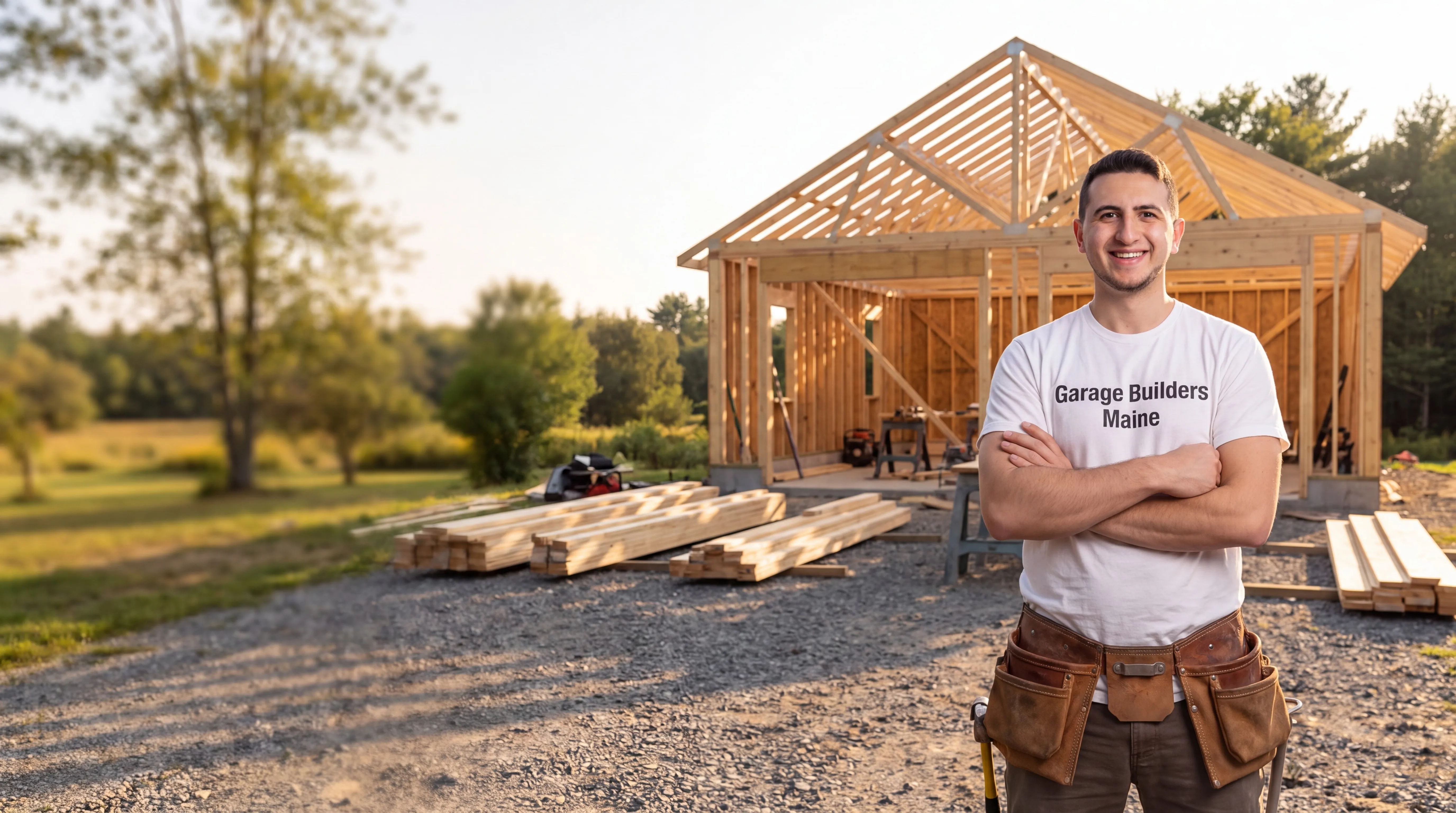 Owner of Garage Builders Maine standing with his arms crossed and smiling at a Maine job site