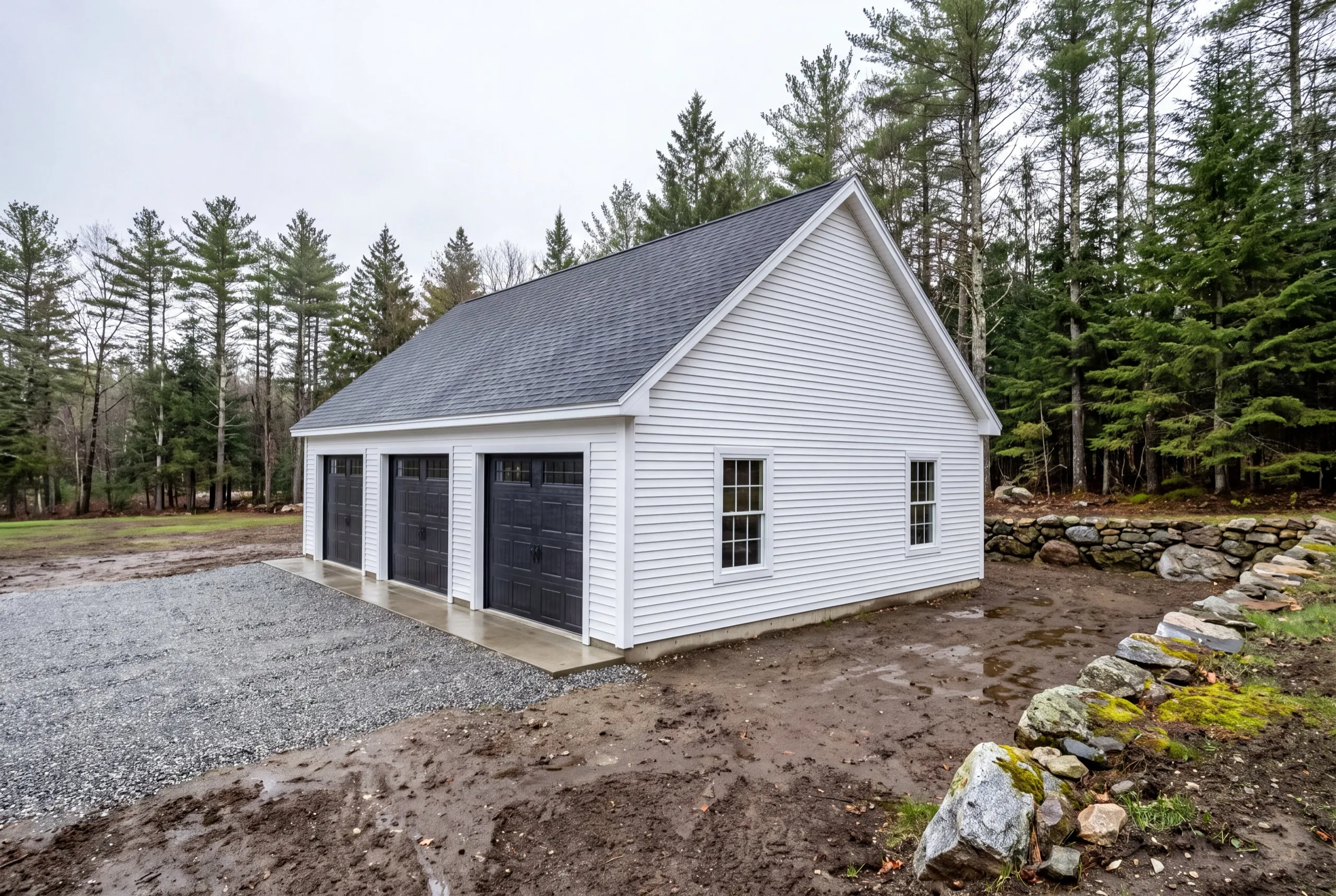 Detached garage builder Gardiner Maine: finished white three-bay garage with black doors on fresh gravel and graded dirt