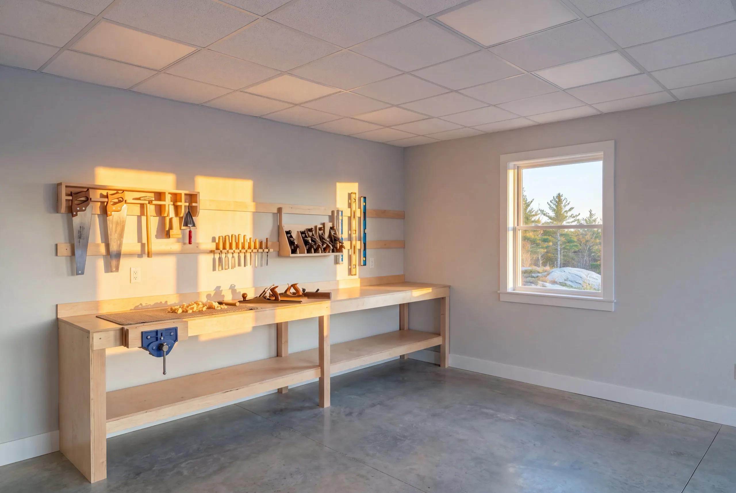 Workshop room with a wood workbench, hand tools on the wall and a window in Gardiner, Maine