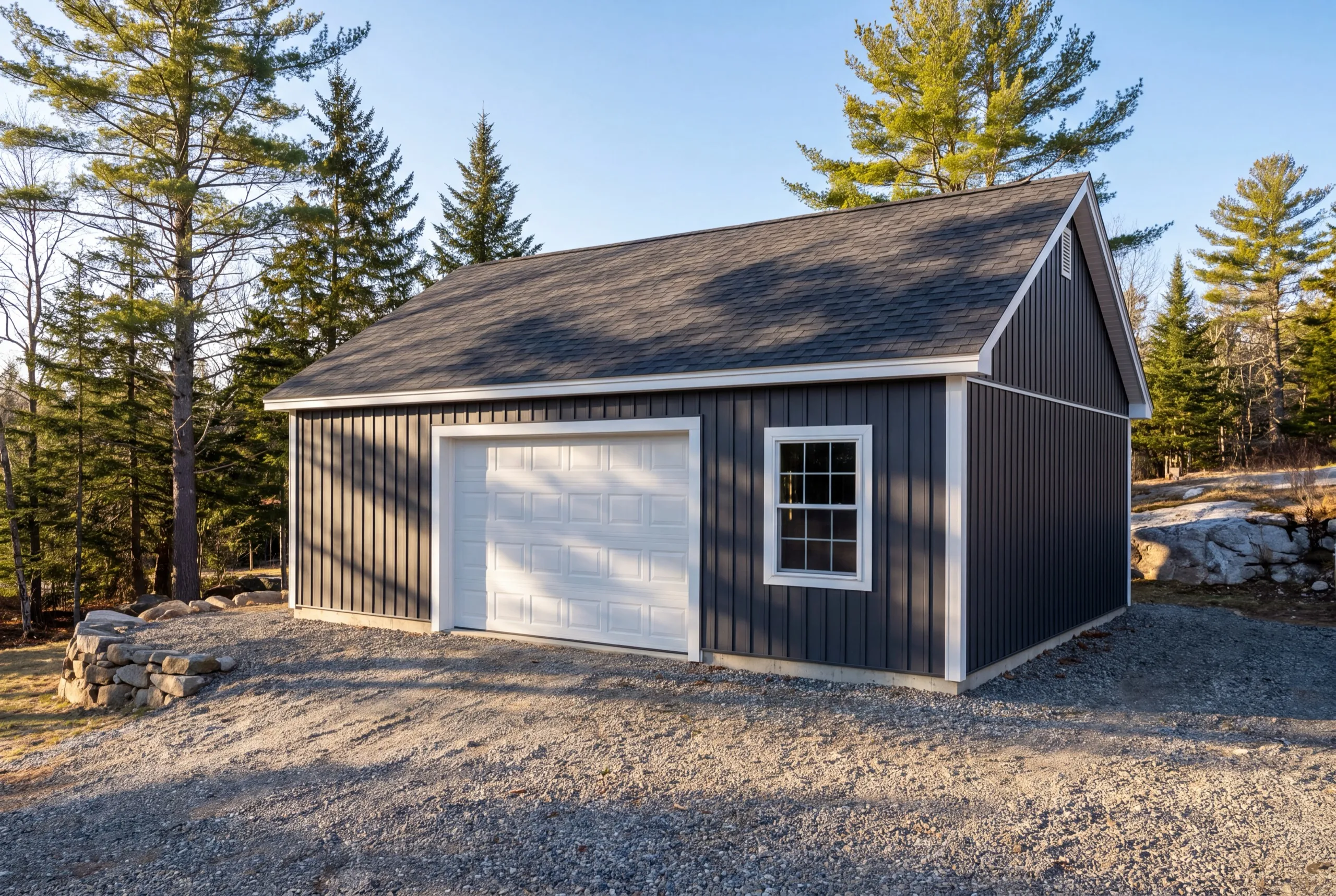 Garage builder Gardiner Maine: finished charcoal board and batten one-bay garage with a white door on gravel