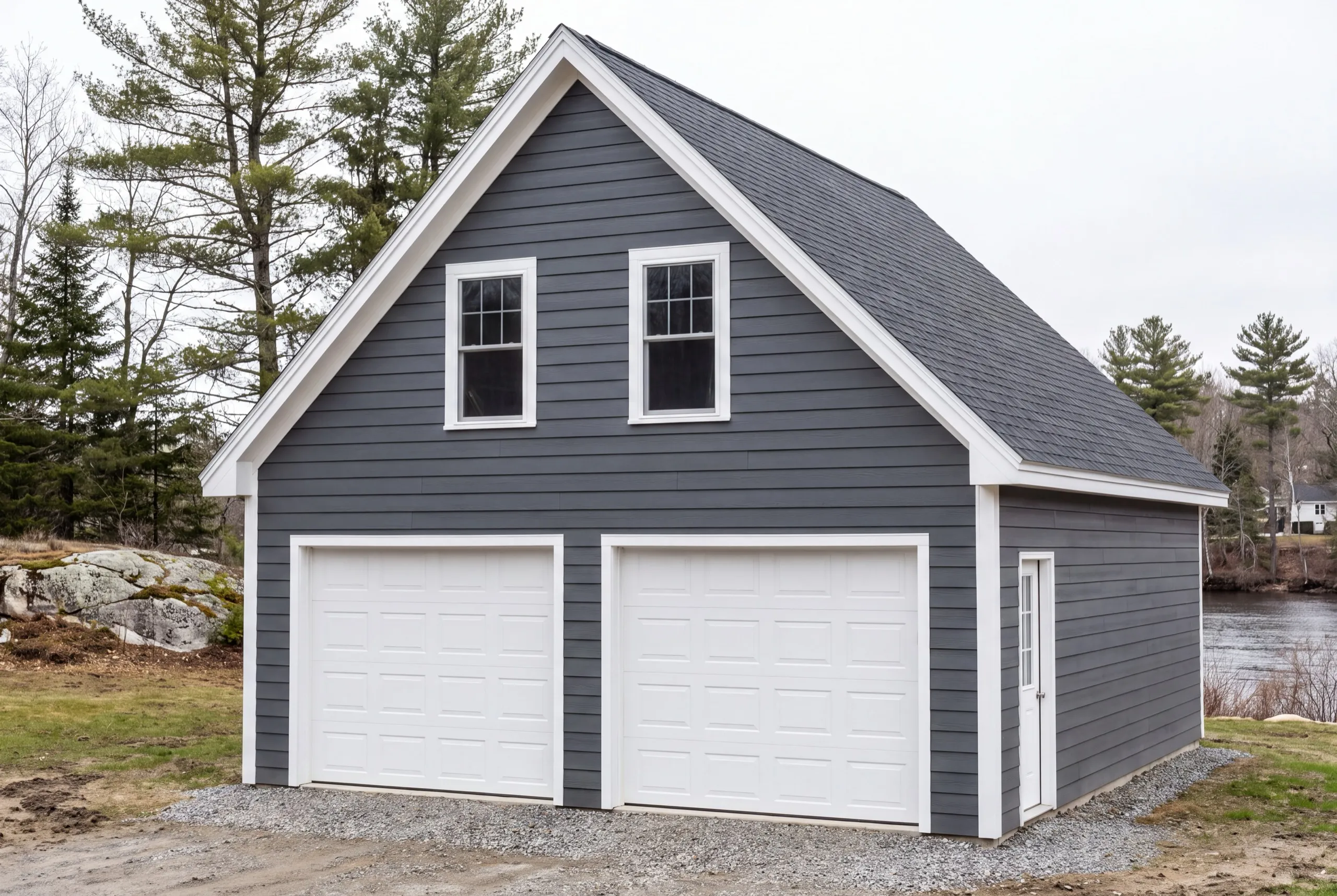 Garage builders Hallowell Maine: finished gray two-bay garage with two loft windows in the gable