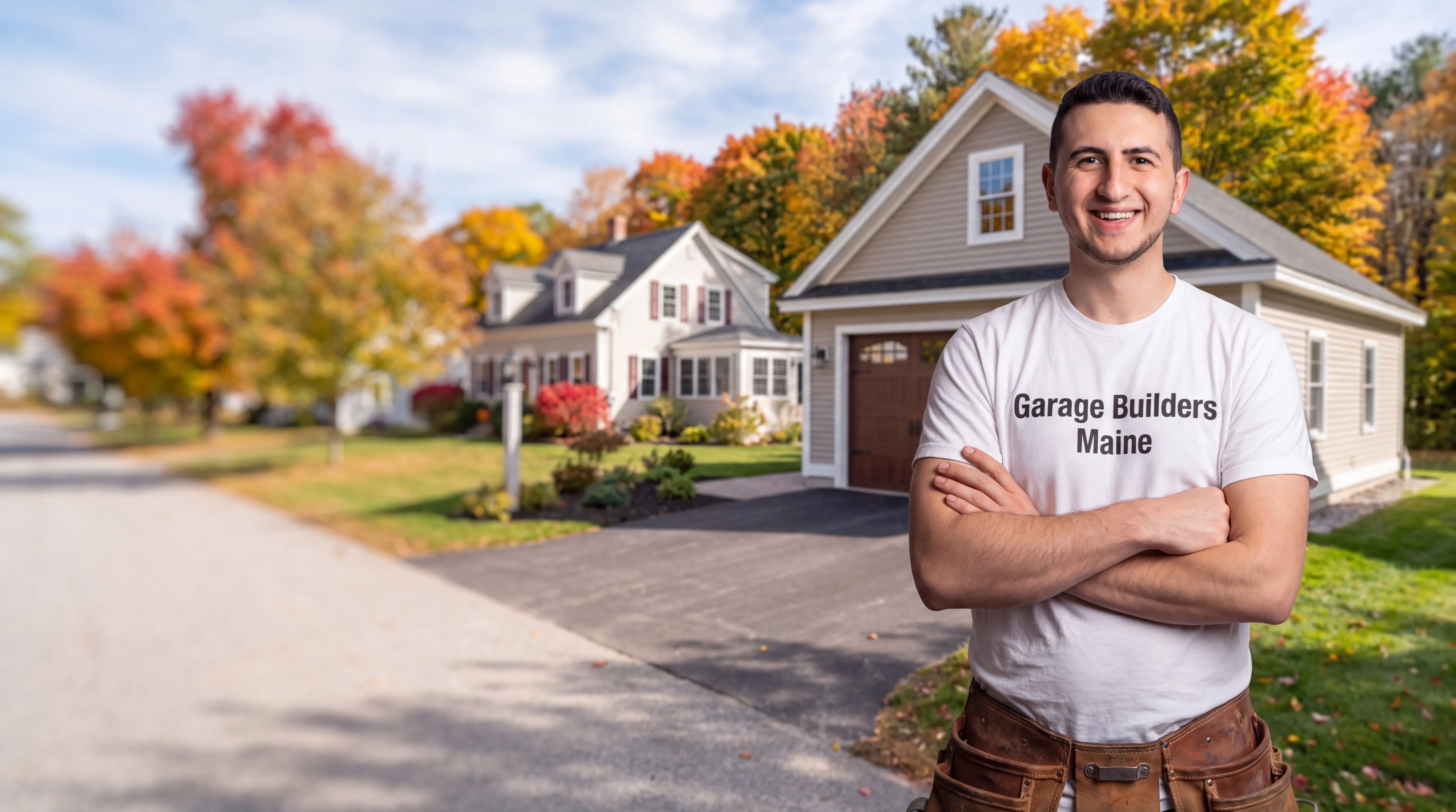 Owner of Garage Builders Maine standing with his arms crossed and smiling at a Maine job site