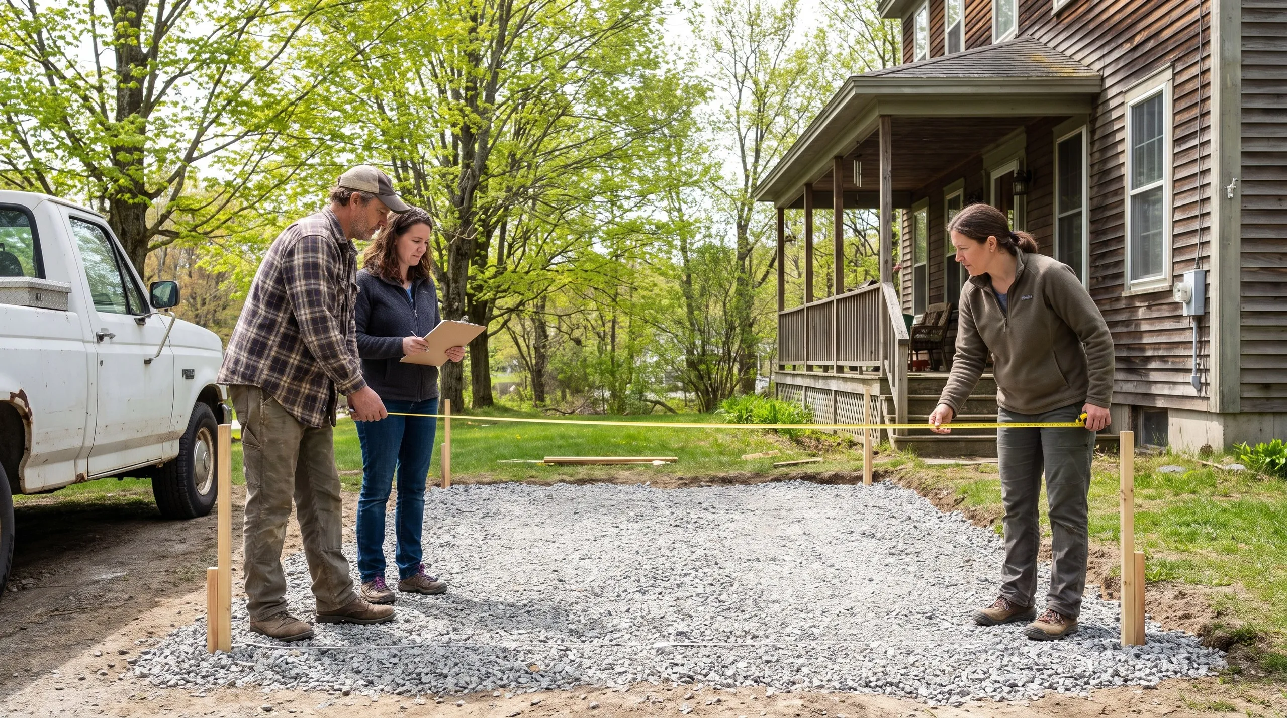 Garage builders Hallowell Maine: three people measure a staked gravel pad and check a clipboard beside a house with a covered porch