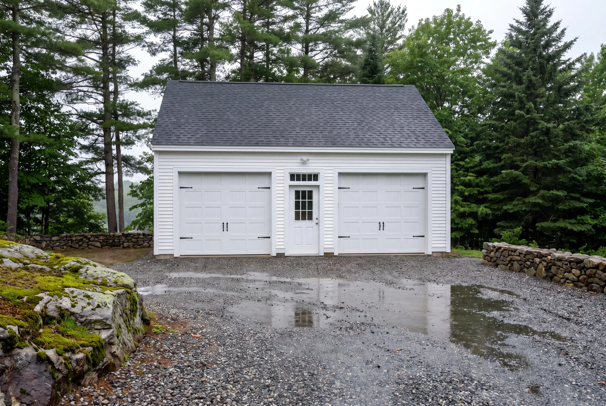 Custom garage builder Hallowell Maine: finished white two-bay garage with a center entry door on wet gravel