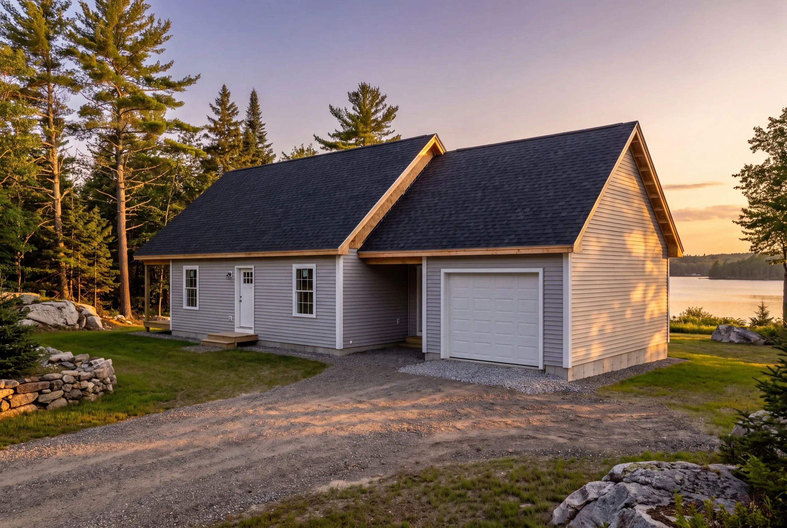 Garage builder Jefferson Maine: gray house joined to a one-bay garage by a covered entry on gravel