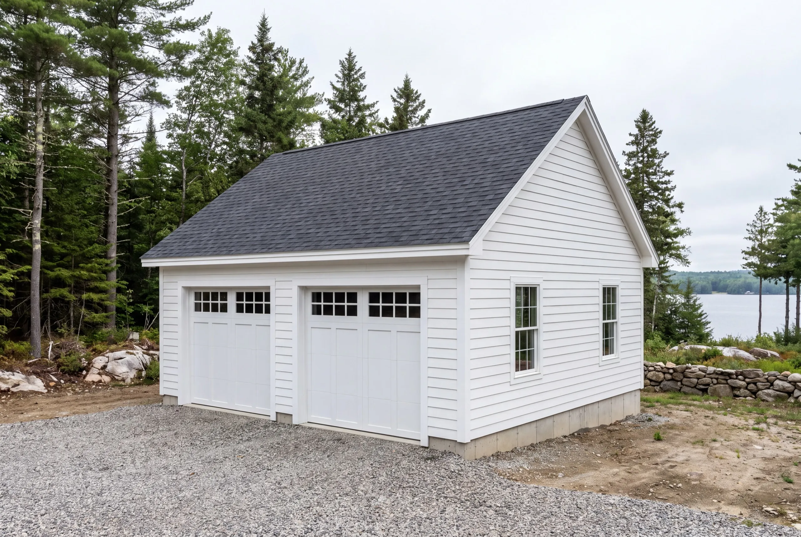 Custom garage builder Jefferson Maine: finished white detached two-bay garage with windowed doors on a gravel pad