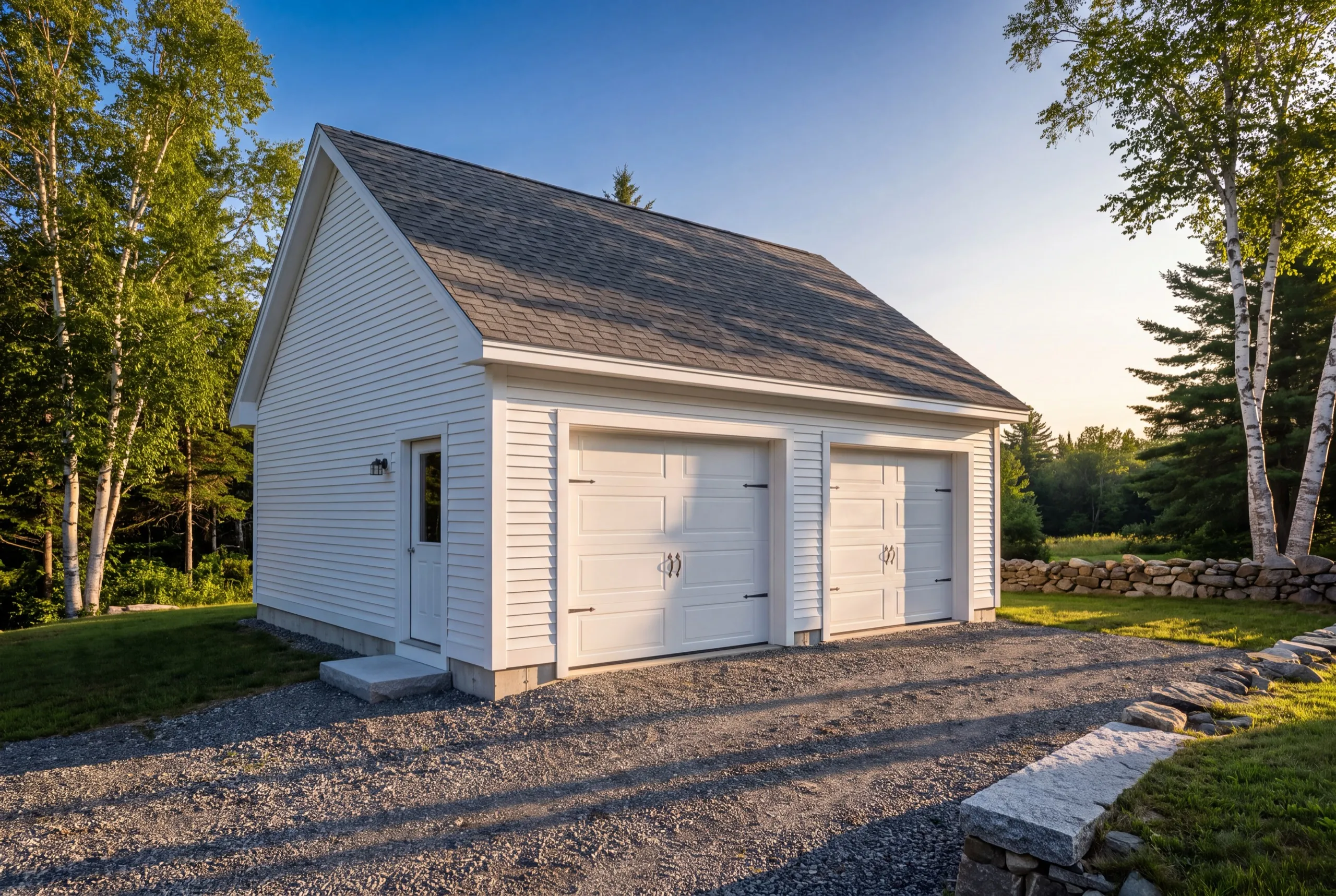 Detached garage builder Jefferson Maine: finished white detached two-bay garage with carriage doors and a side entry door