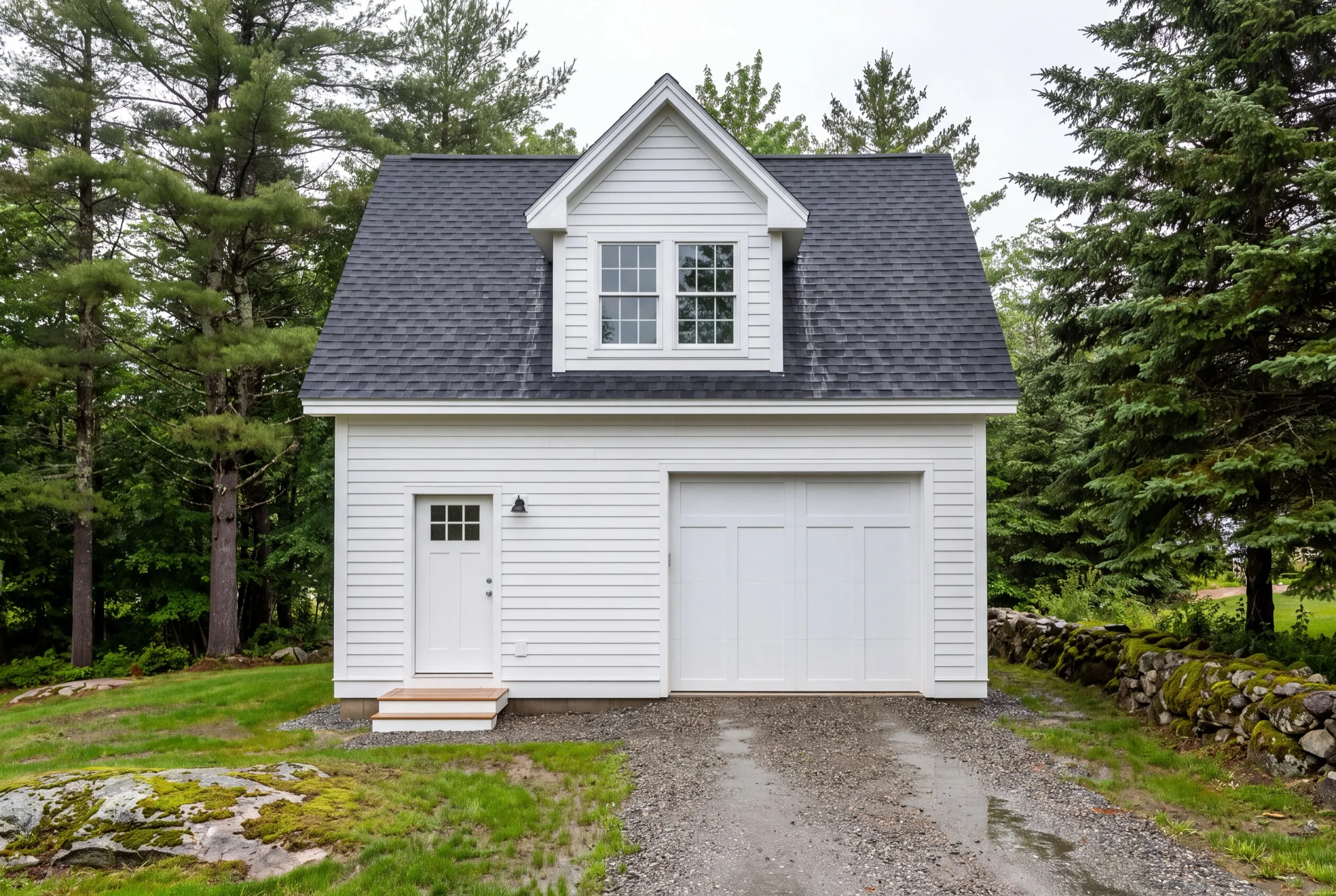 Garage builders Jefferson Maine: finished white one-bay garage with a loft dormer and a side entry door