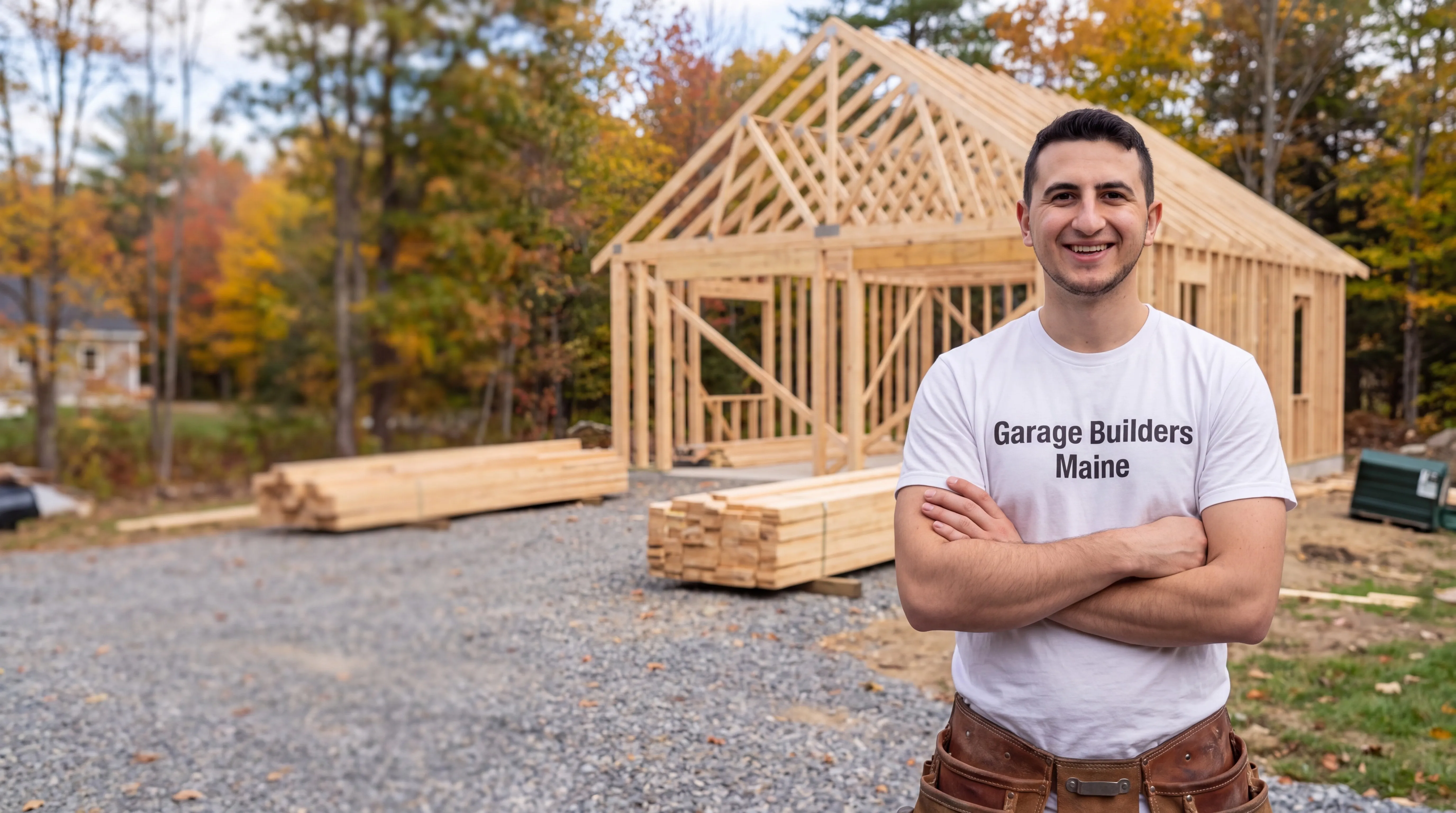 Garage builders Jefferson Maine: owner with arms crossed in front of a framed garage and stacked lumber