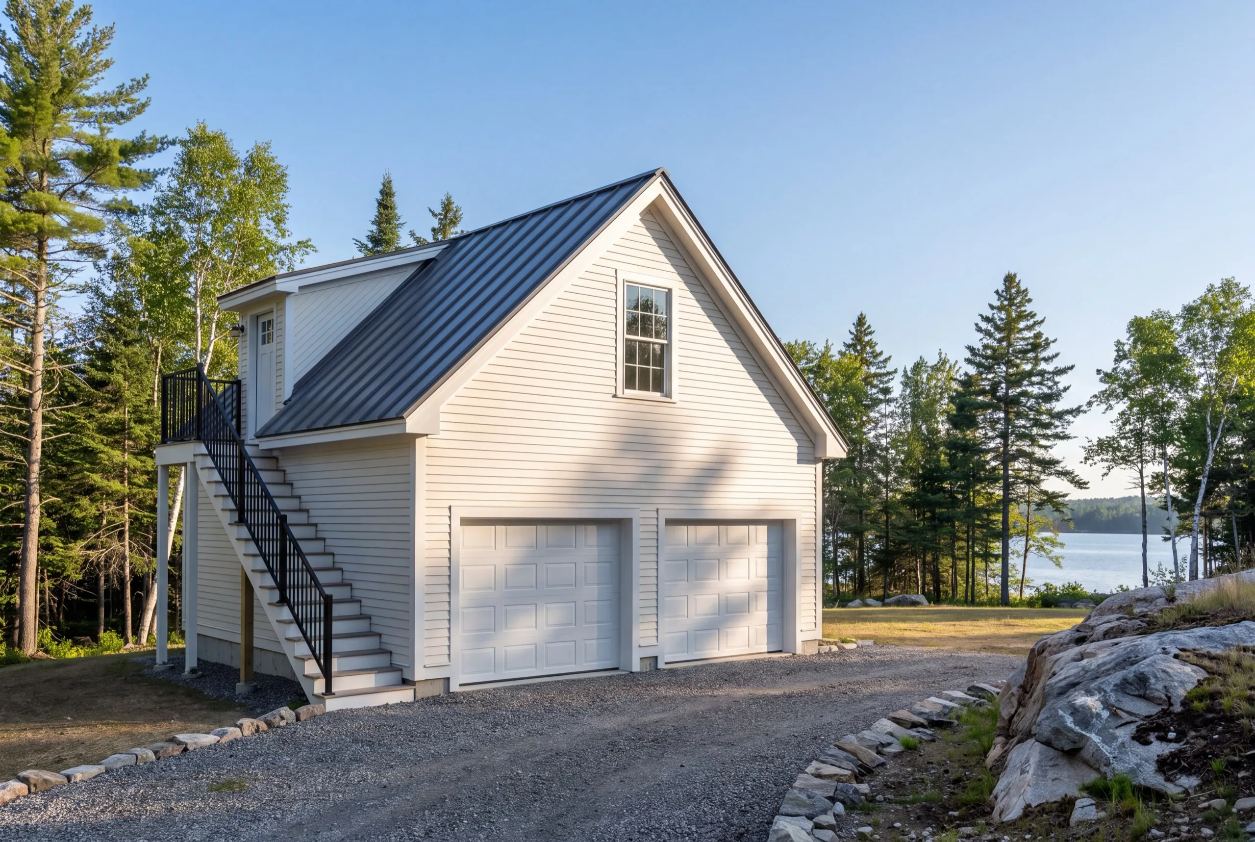 Garage builder Jefferson Maine: white two-bay garage with a loft above reached by an outside stair