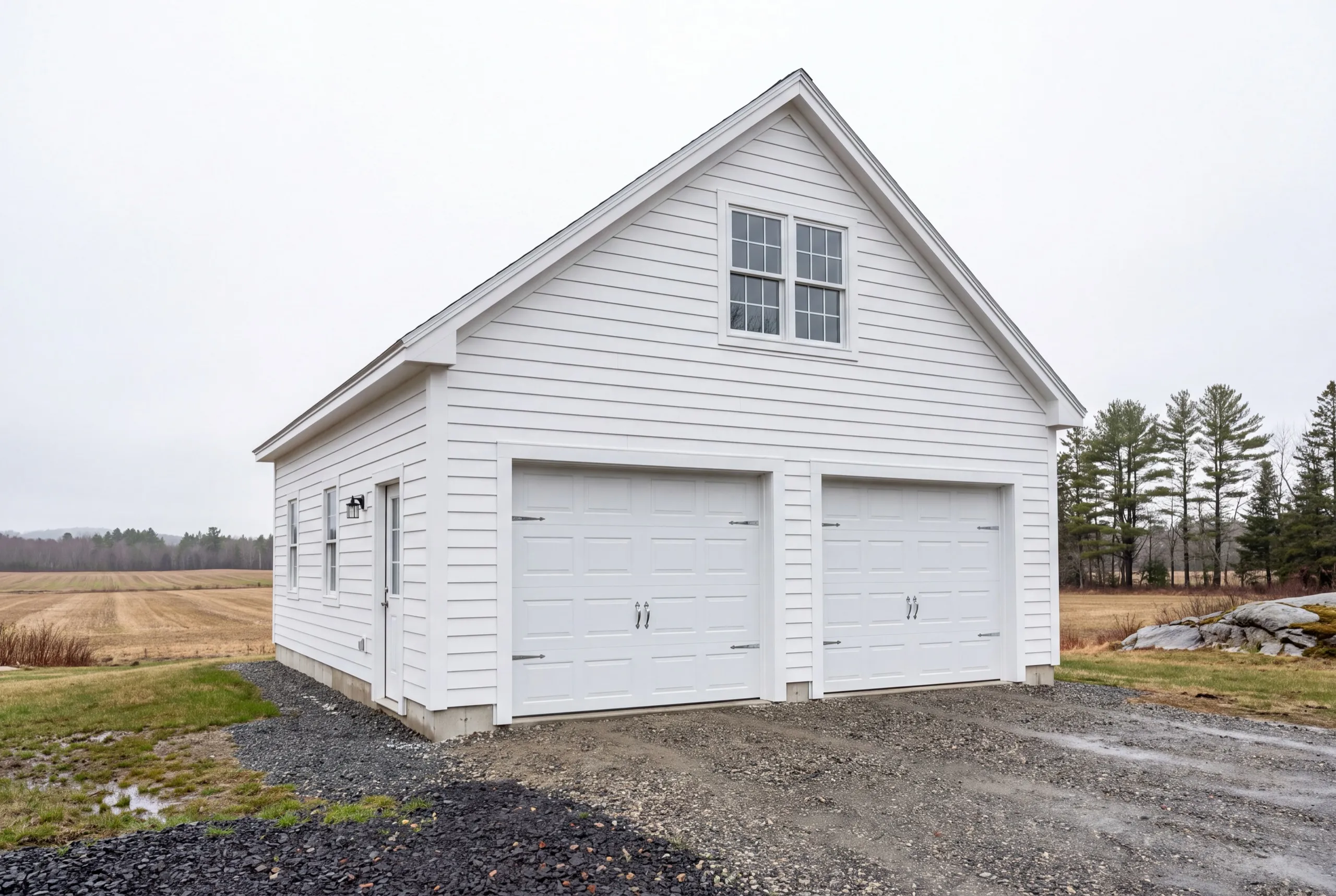 Garage builders Litchfield Maine: finished white detached two-bay garage with a loft window by an open field