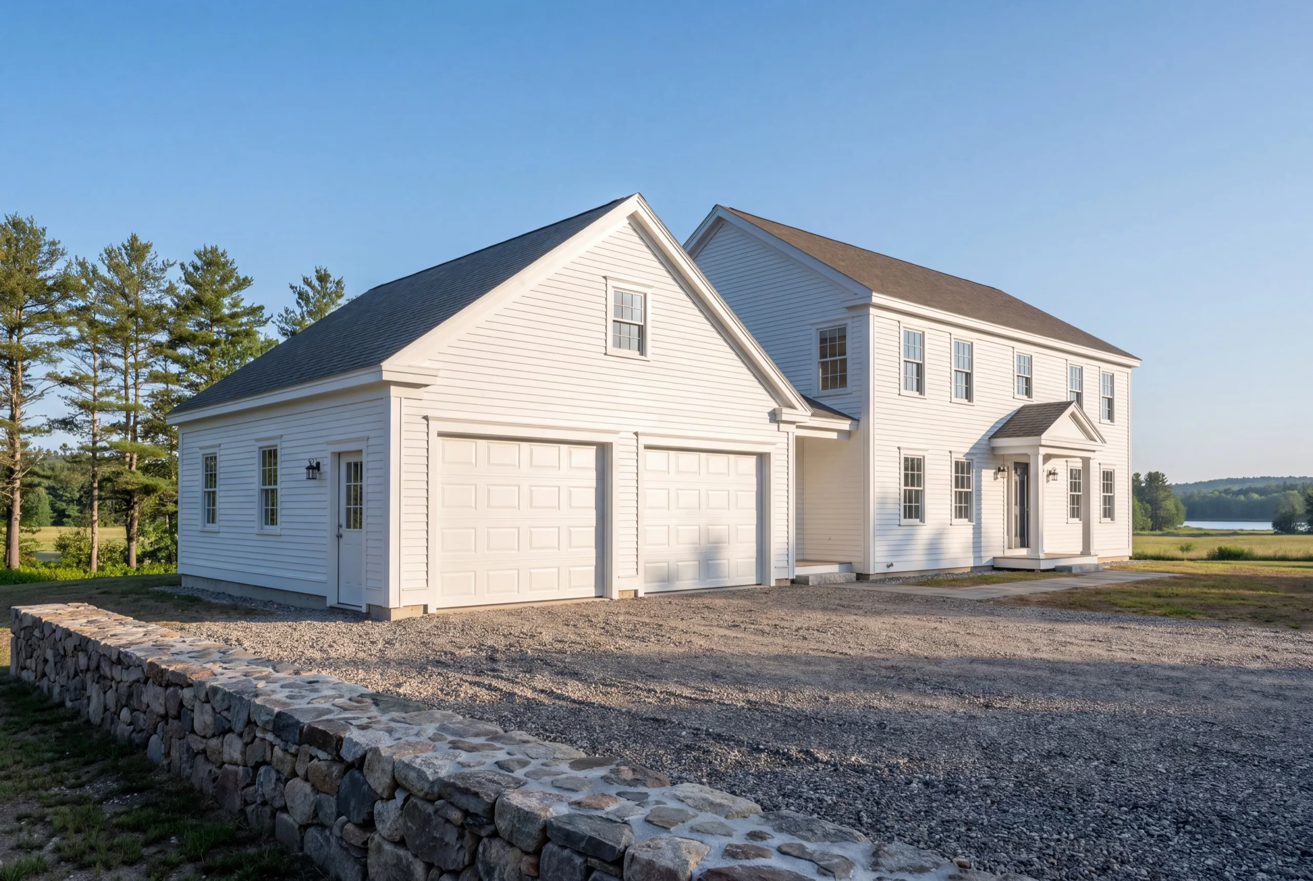 Garage builder Litchfield Maine: white two-bay garage attached to a white colonial house on a gravel drive